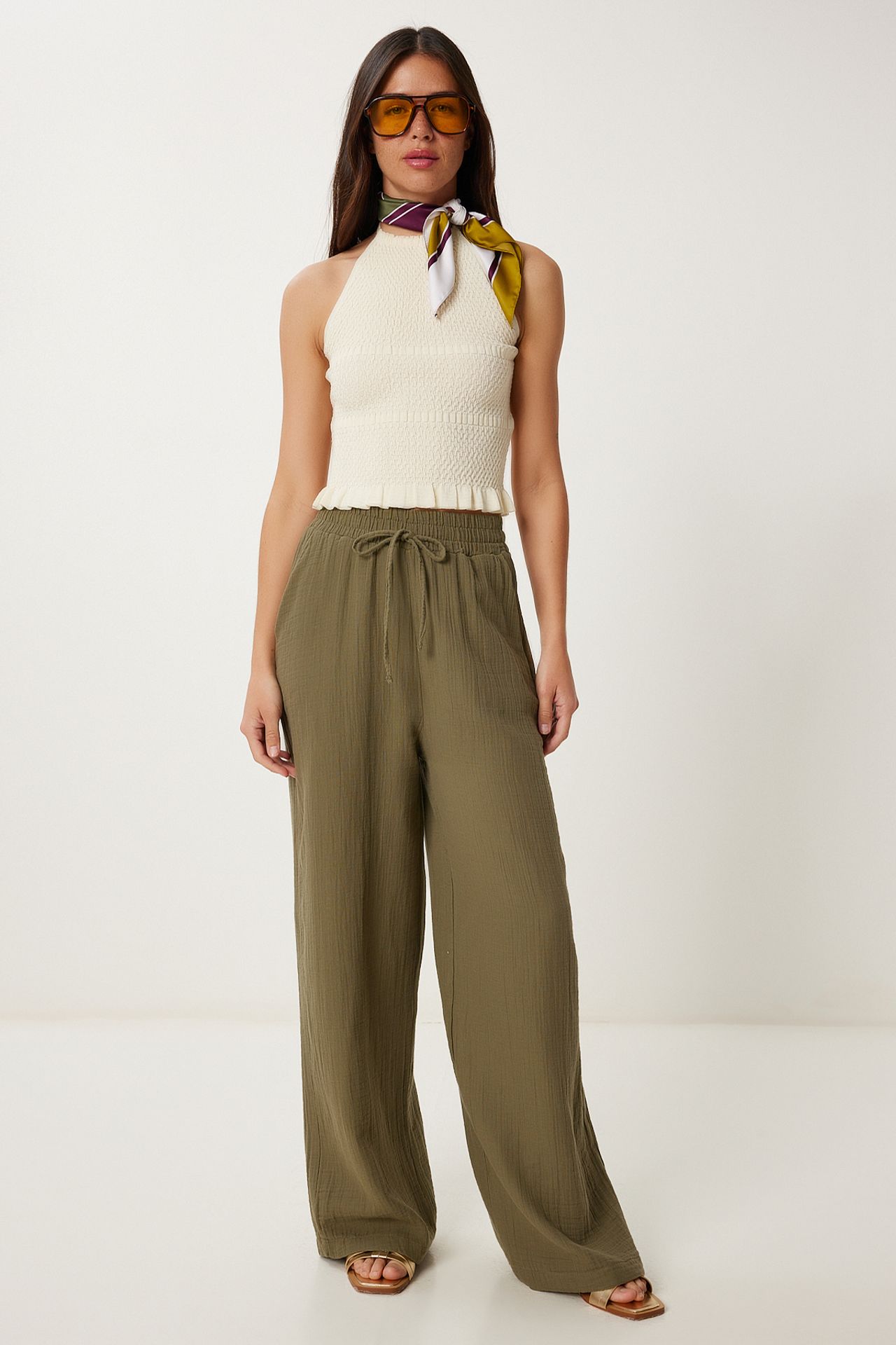 ISTANBUL Wide Leg Drawstring Waist Pants with Binding Detail 1
