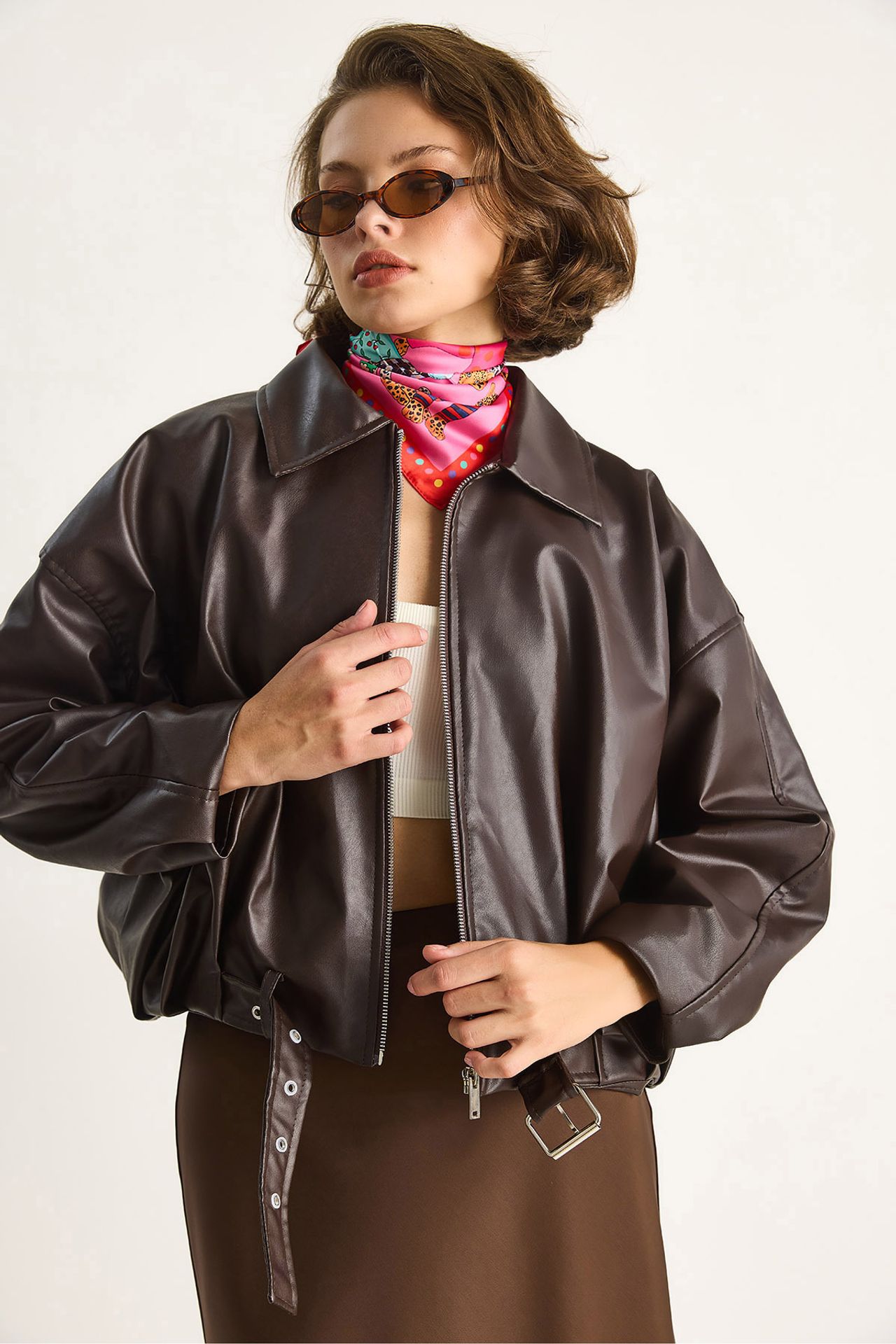 LUCCI Faux Leather Bomber Jacket with Zipper Closure 3