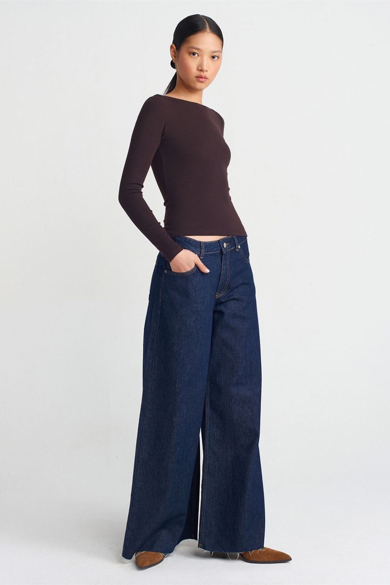 DILVIN Kadın Slim Fit Kayık Yaka Uzun Kollu Bluz 3