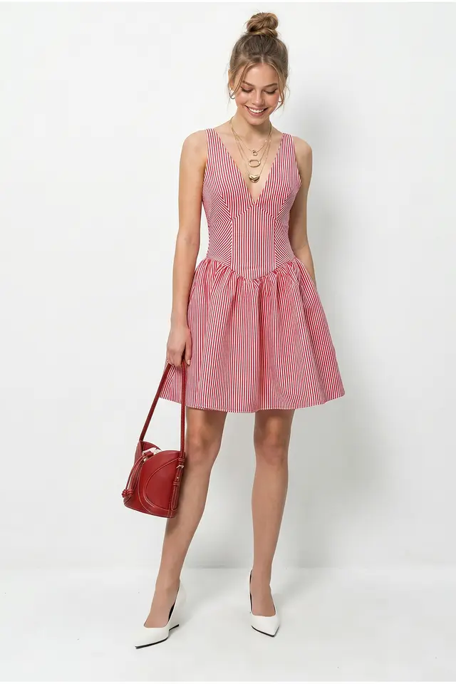 LUCCI Striped V-Neck Sleeveless Mini Skater Dress