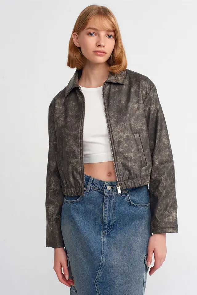 DILVIN Crop Faux Leather Bomber Jacket