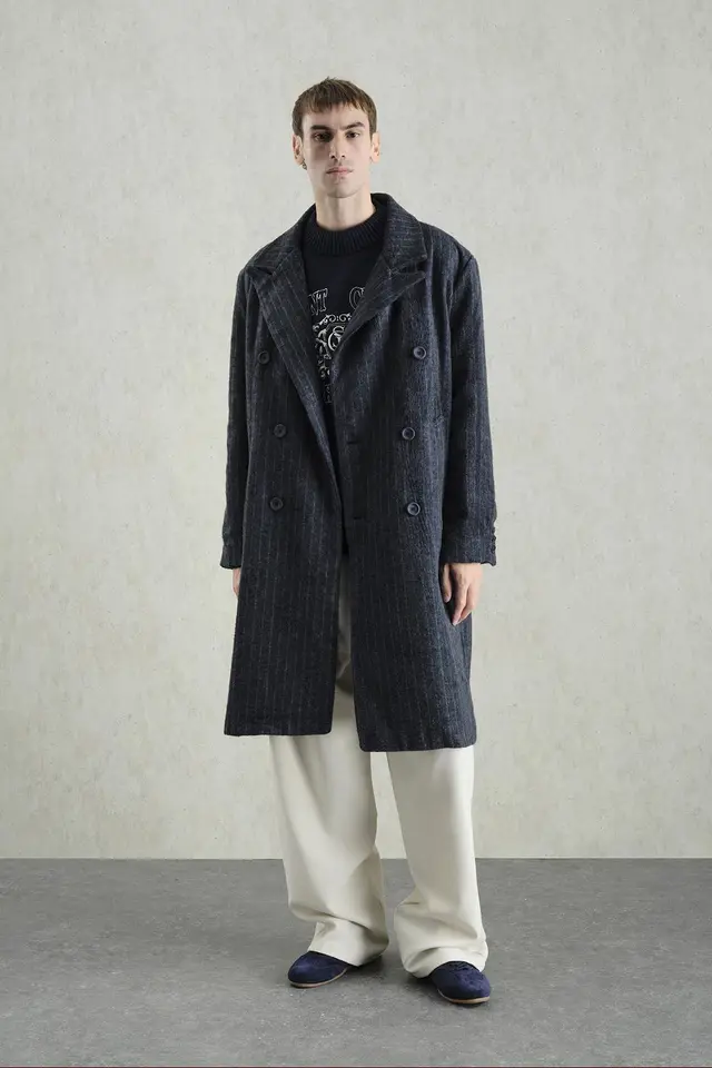 Double-Breasted Striped Long Overcoat