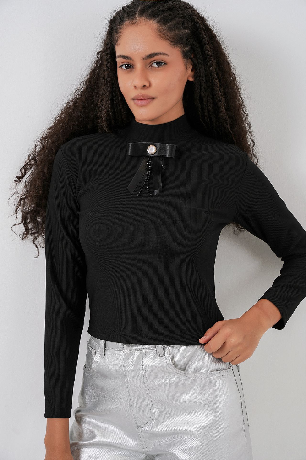 BDART Fitted Long Sleeve Half Turtleneck Blouse with Ribbon Detail 1
