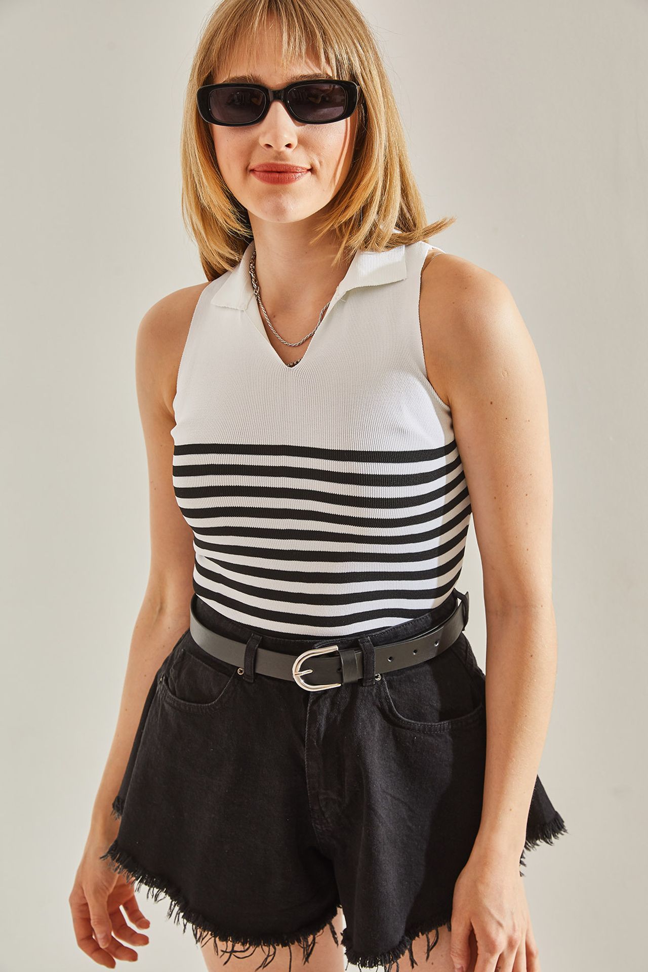 LUCCI Polo Neck Striped Crop Top