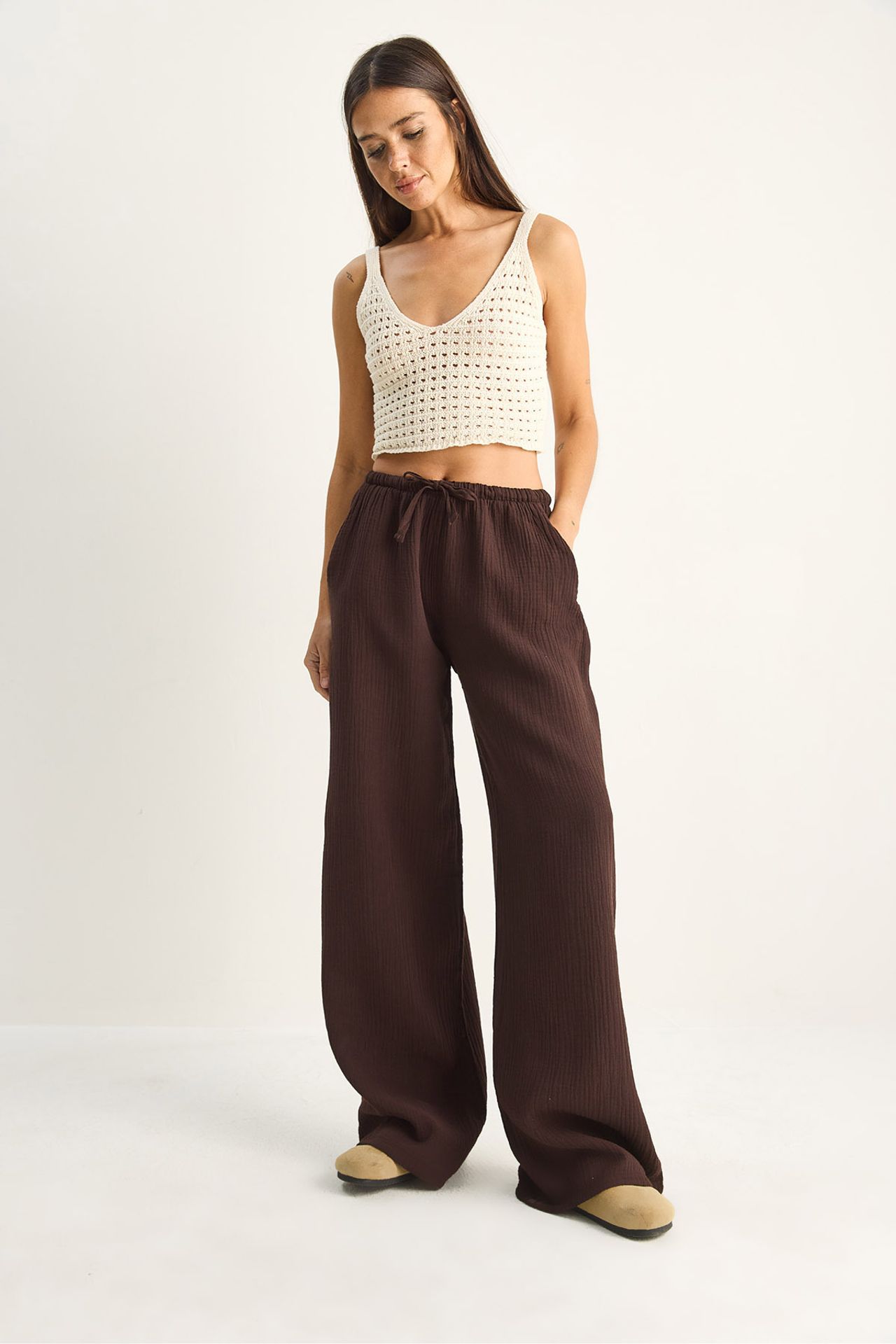 LUCCI Wide-leg Cotton Crepe Trousers 3