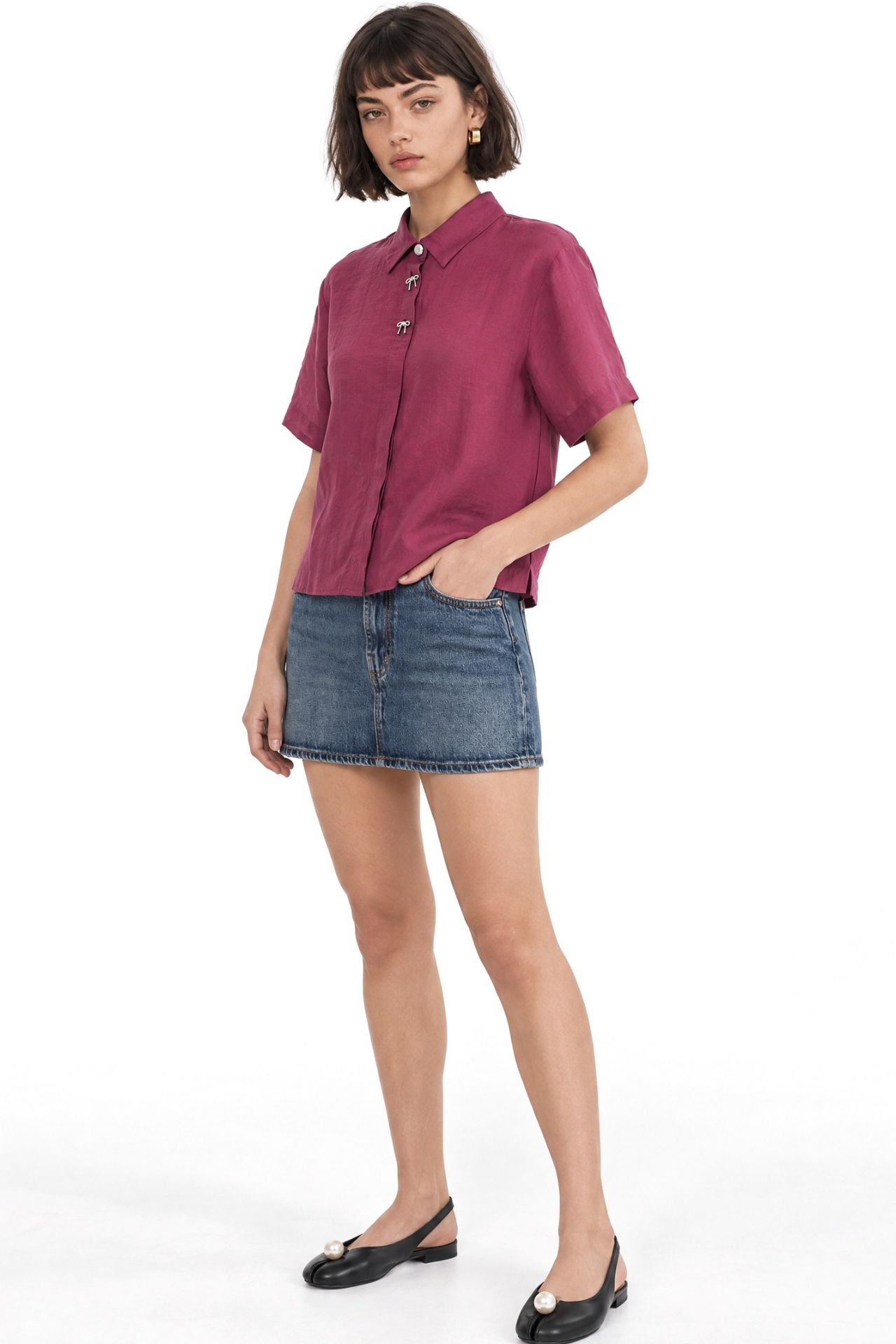 Mixray Short Sleeve Crop Shirt with Stone Accessories 4
