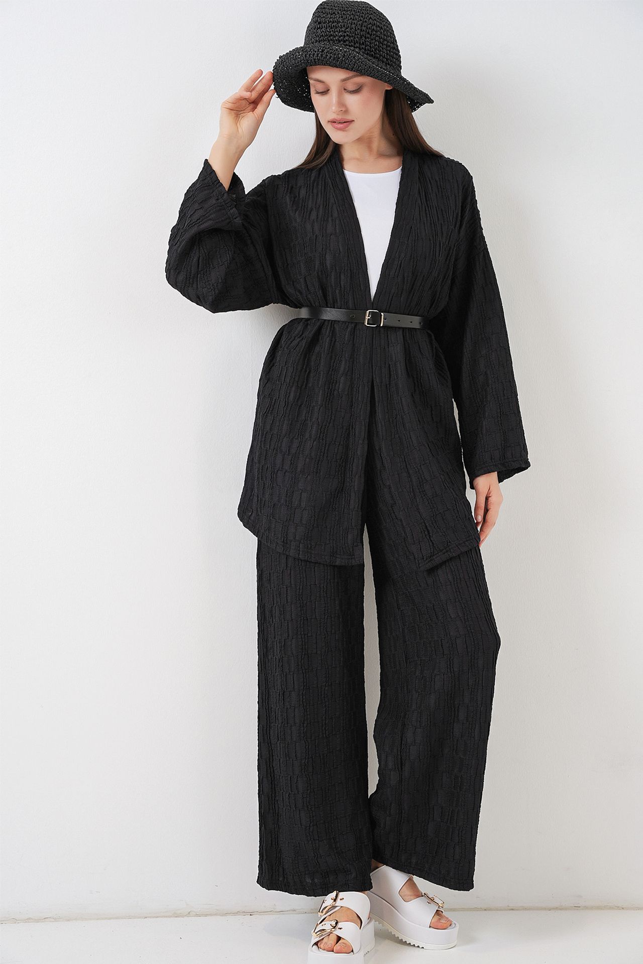 BDART Textured Shawl Collar Kimono Pants Set