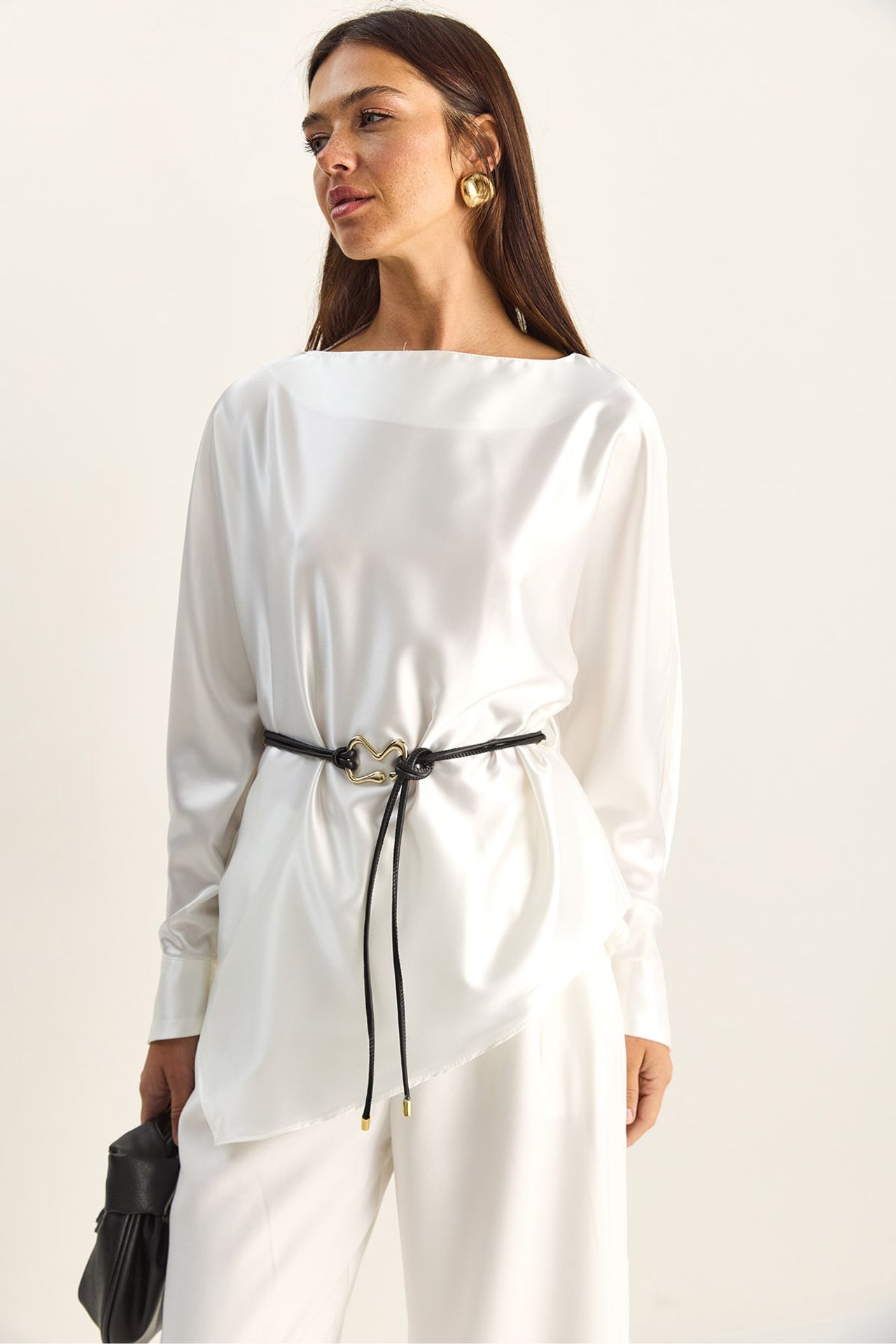 LUCCI Belted Satin Boat Neck Blouse 3
