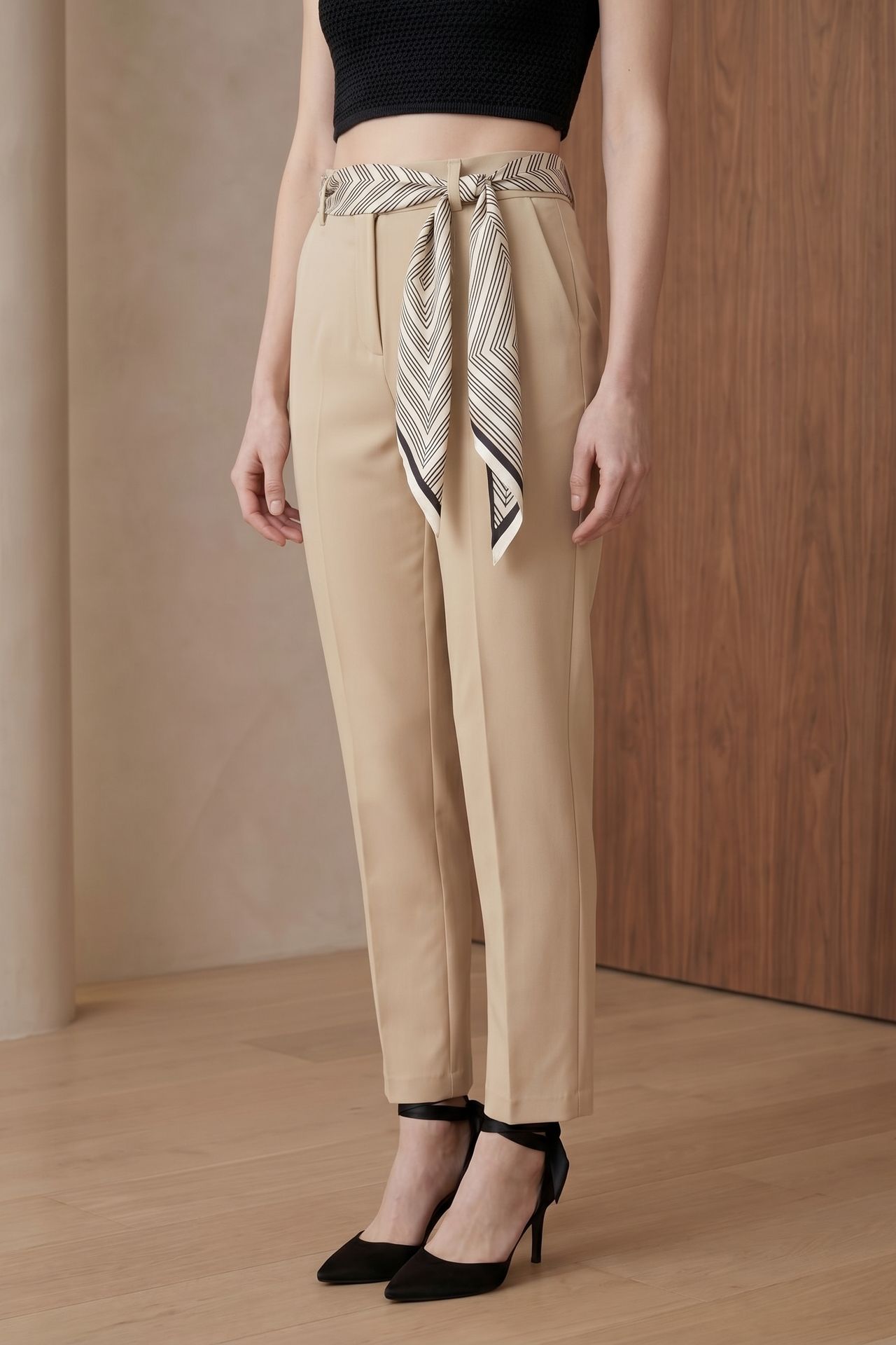 MY FASHION High-Waist Straight-Leg Crepe Trousers with Belt 2