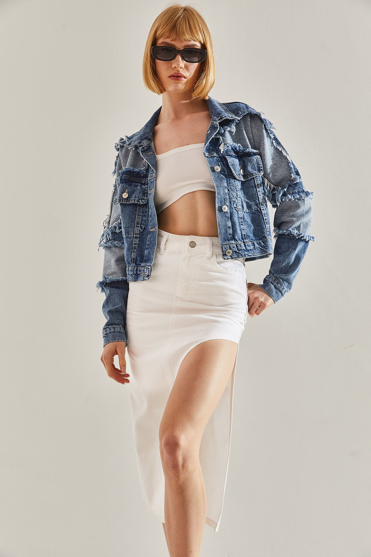 LUCCI High Waist Slit Midi Denim Skirt