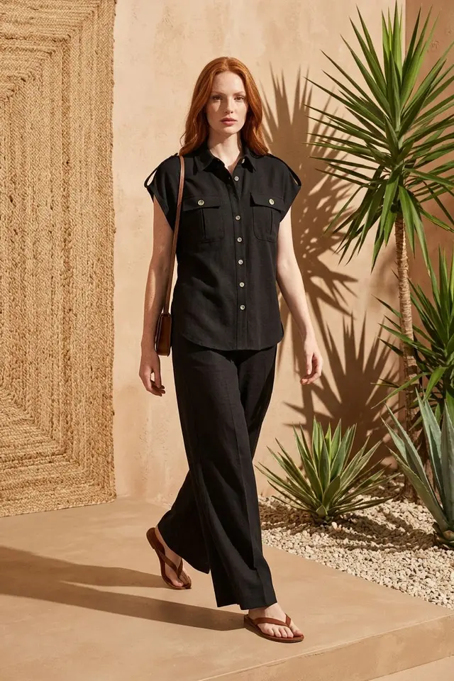 MY FASHION High Waist Wide Leg Two-Piece Set with Shirt Collar