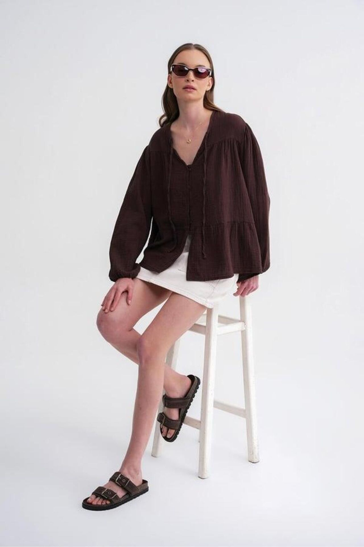 Mixray Long Sleeve Relaxed Fit Blouse with Tie-Neck 2