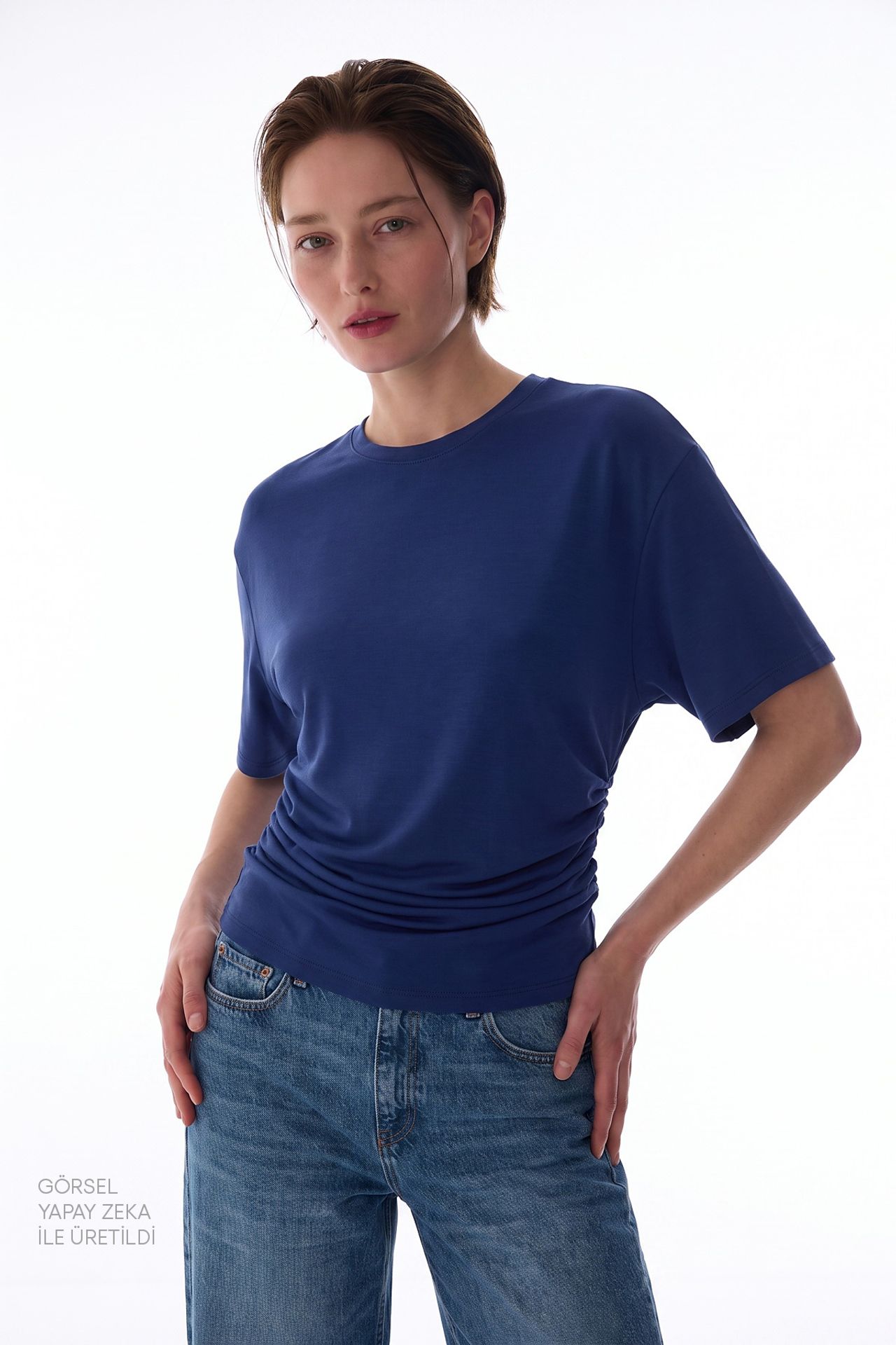 PENTI Women's Modal Waist Detail Textured T-Shirt With Gathers 2