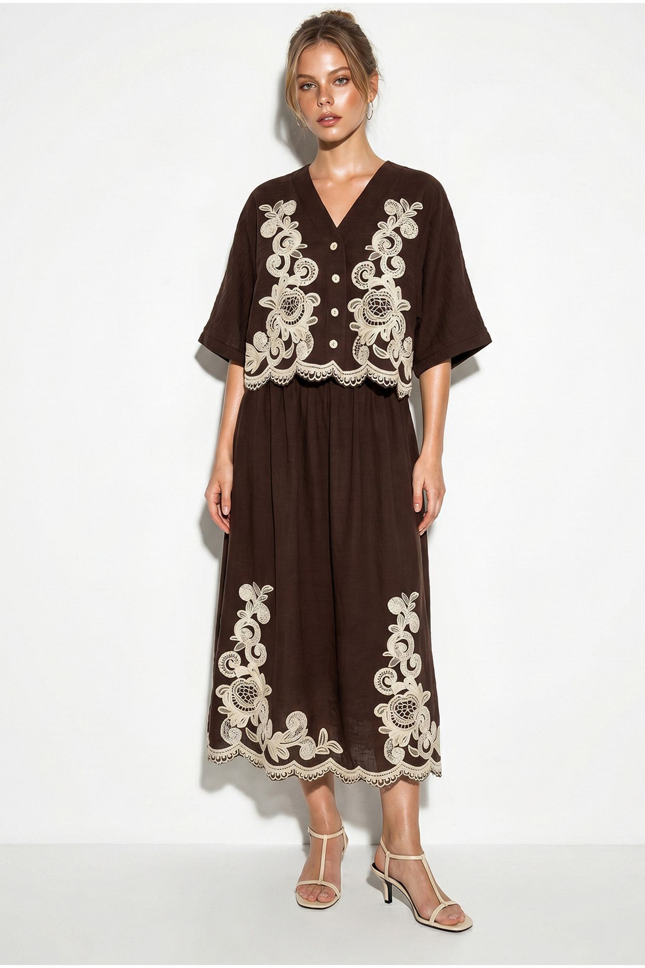 LUCCI Oversized V-neck Embroidered 3/4 Sleeve Shirt and Wide Leg Pants Set 4