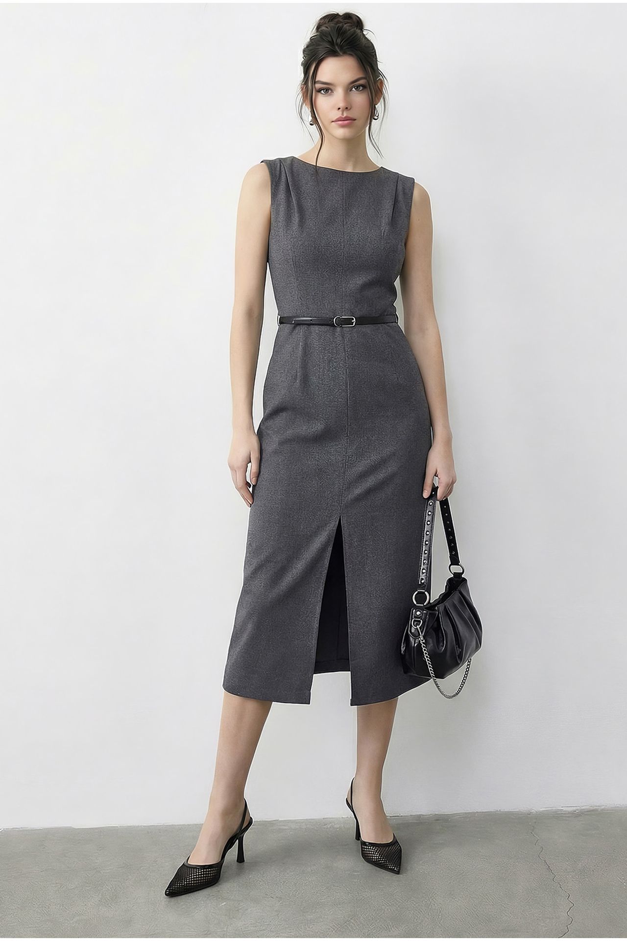 LUCCI Belted Midi Pencil Dress with Boat Neck 2