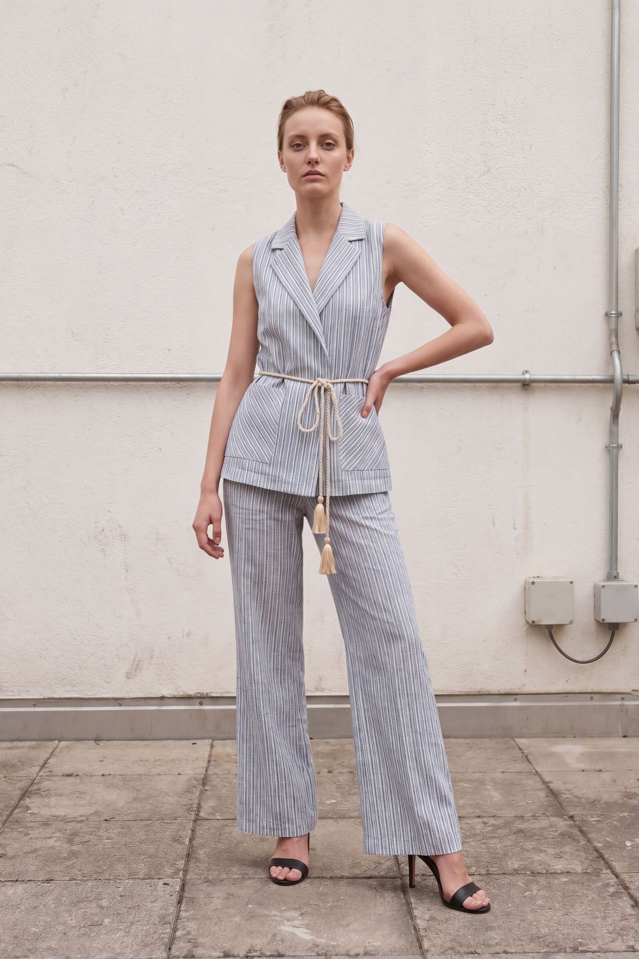 MY FASHION Striped Shawl-Collar Vest and Wide-Leg Trousers Set 4
