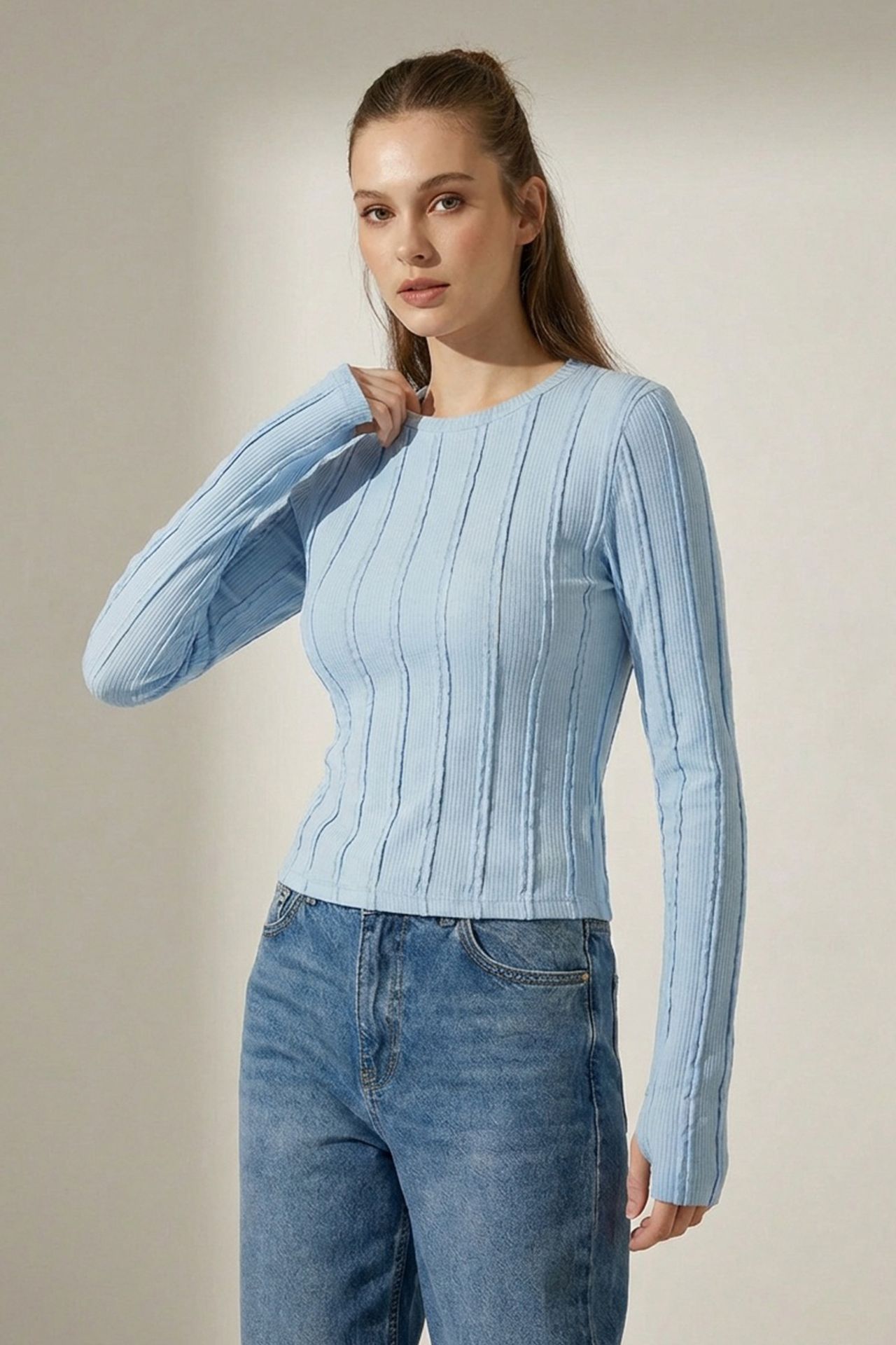 BDART Ribbed Crew Neck Long Sleeve Blouse 1