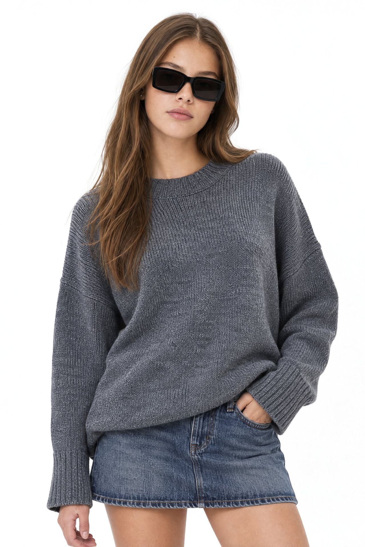 Mixray Oversized Ribbed Knit Sweater with Crew Neck 4