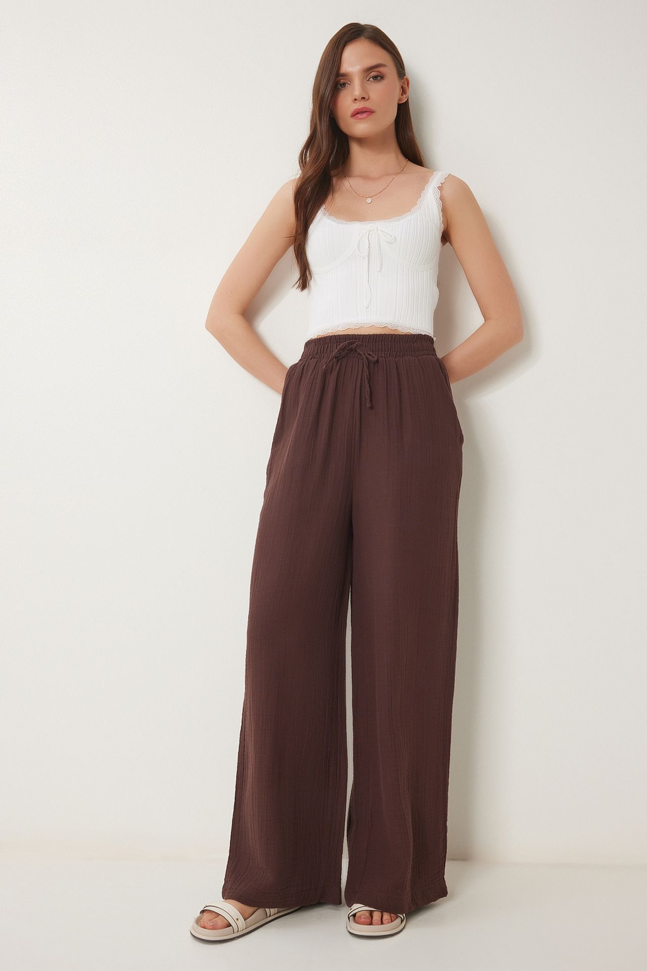 ISTANBUL Wide Leg Drawstring Waist Pants with Binding Detail 1