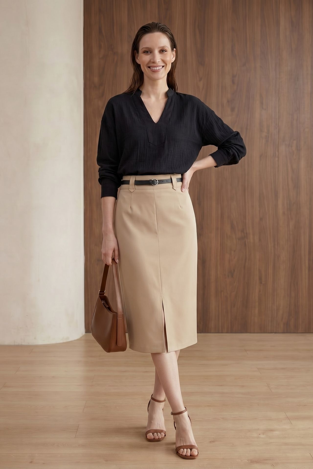 MY FASHION High-Waist Midi Pencil Skirt with Slit 6
