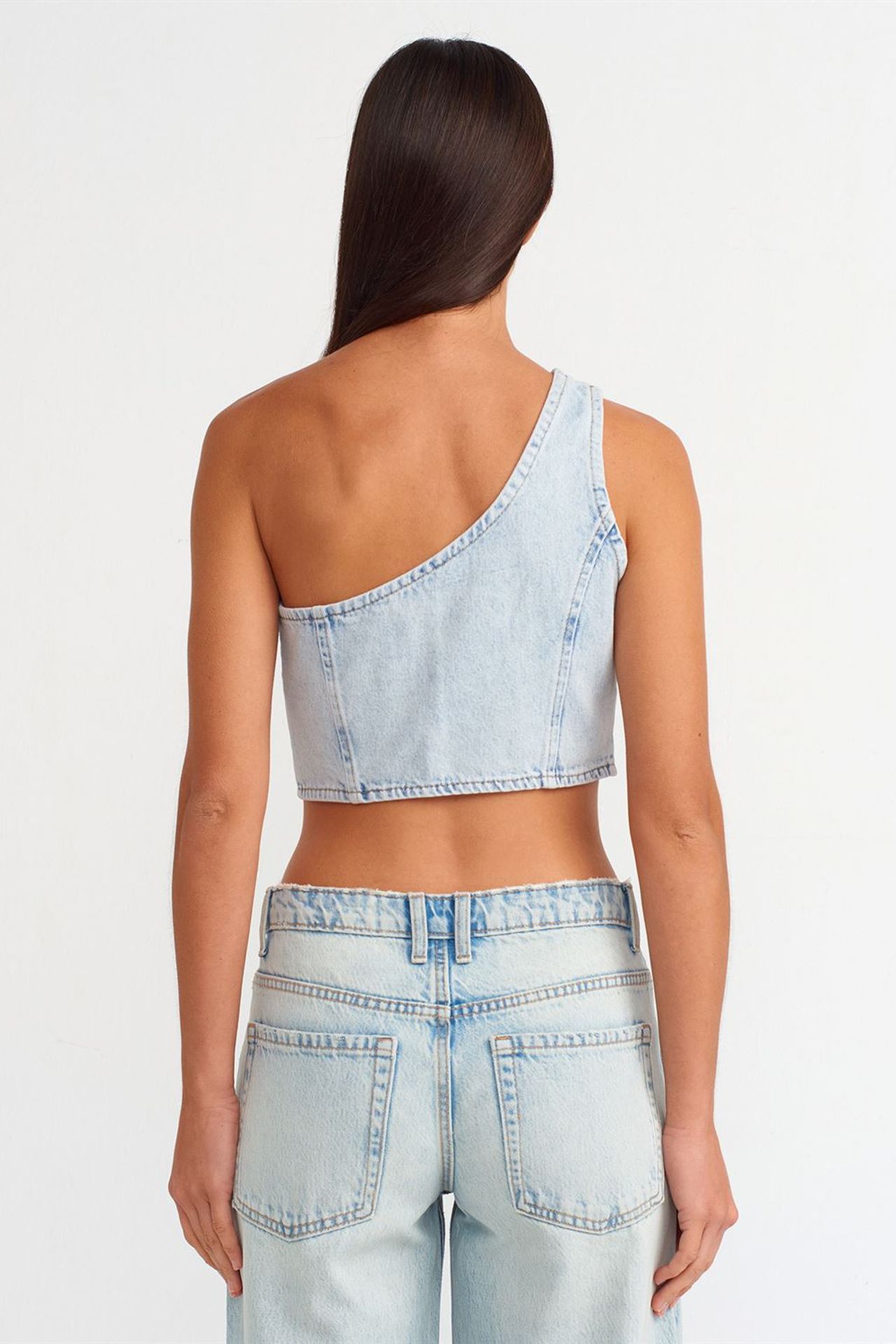 DILVIN Dar Kesim Pamuklu Denim Crop Bluz 2