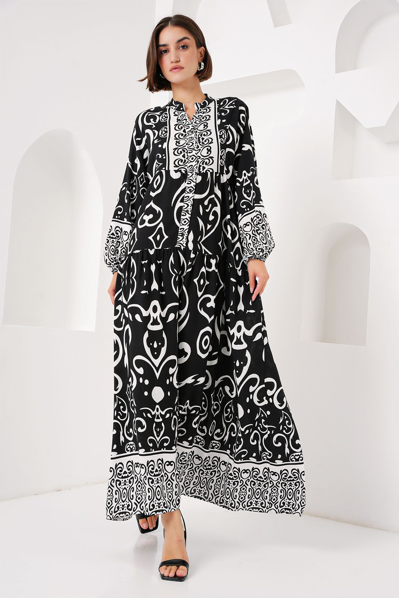 BDART Printed V-Neck Maxi Dress with Button Closure