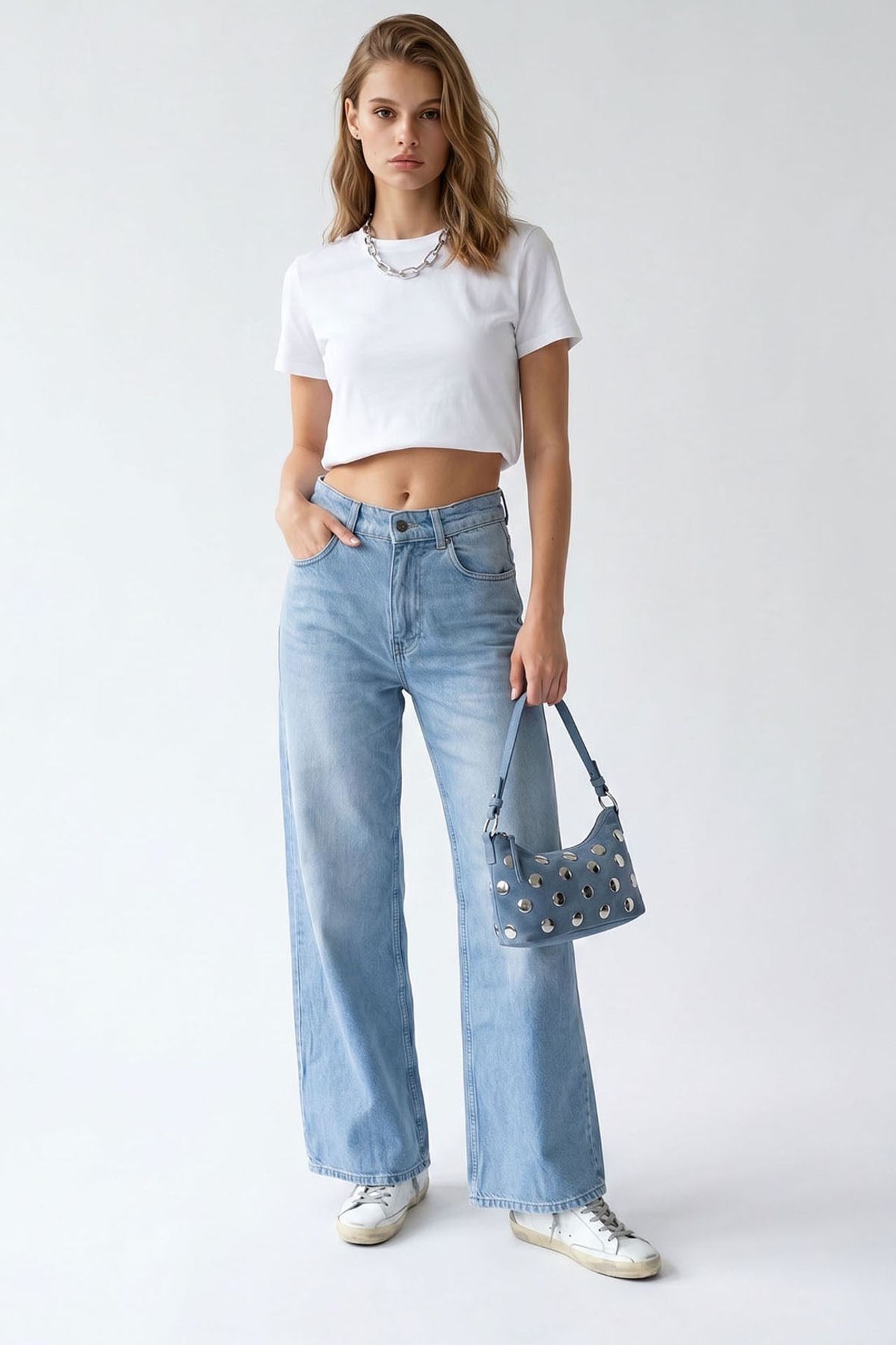 MIXRAY Women's High-Waist Wide-Leg Cotton Jeans 1