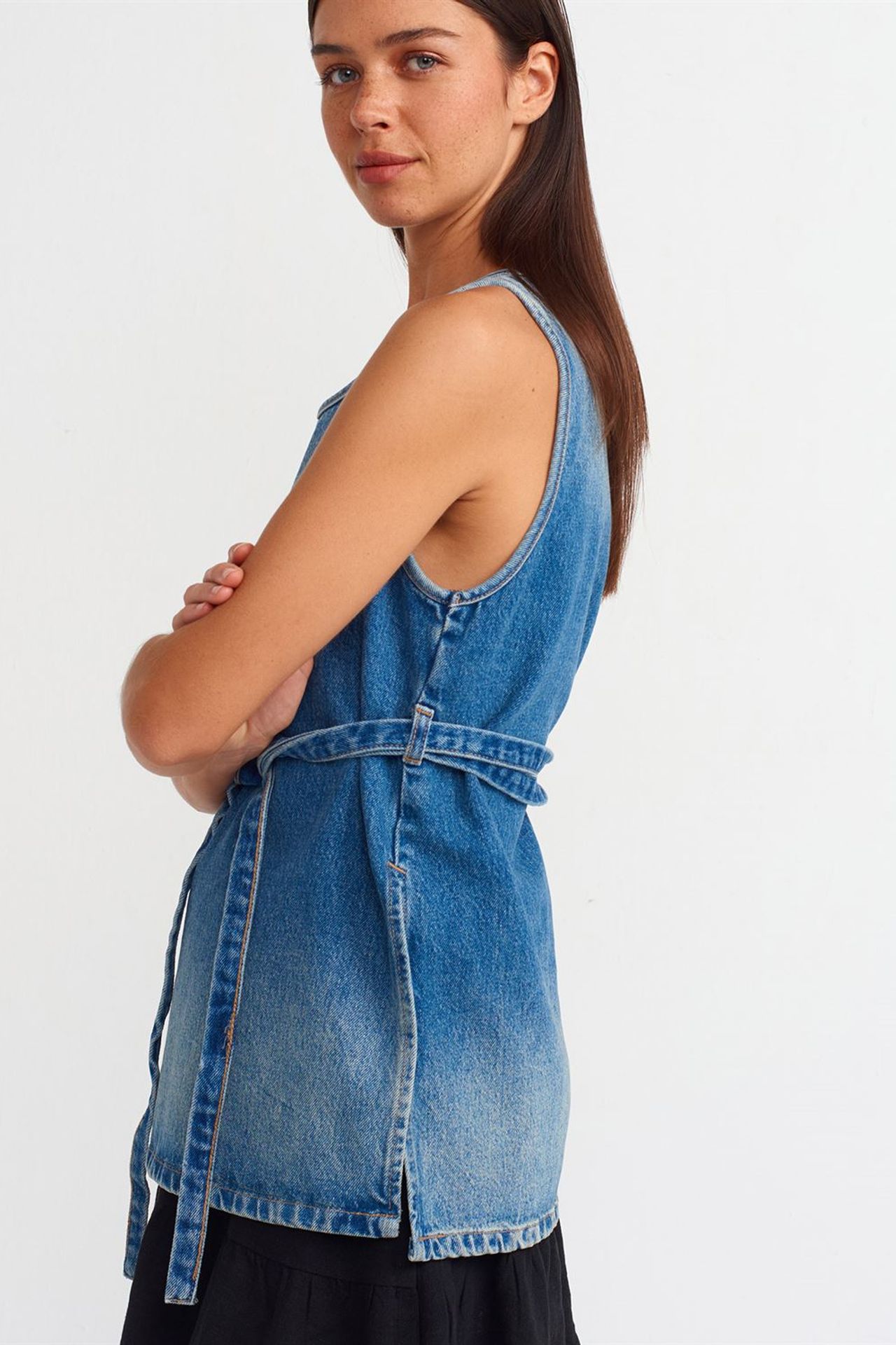 DILVIN Pamuk Denim Bağlama Detaylı Tunik Bluz 4