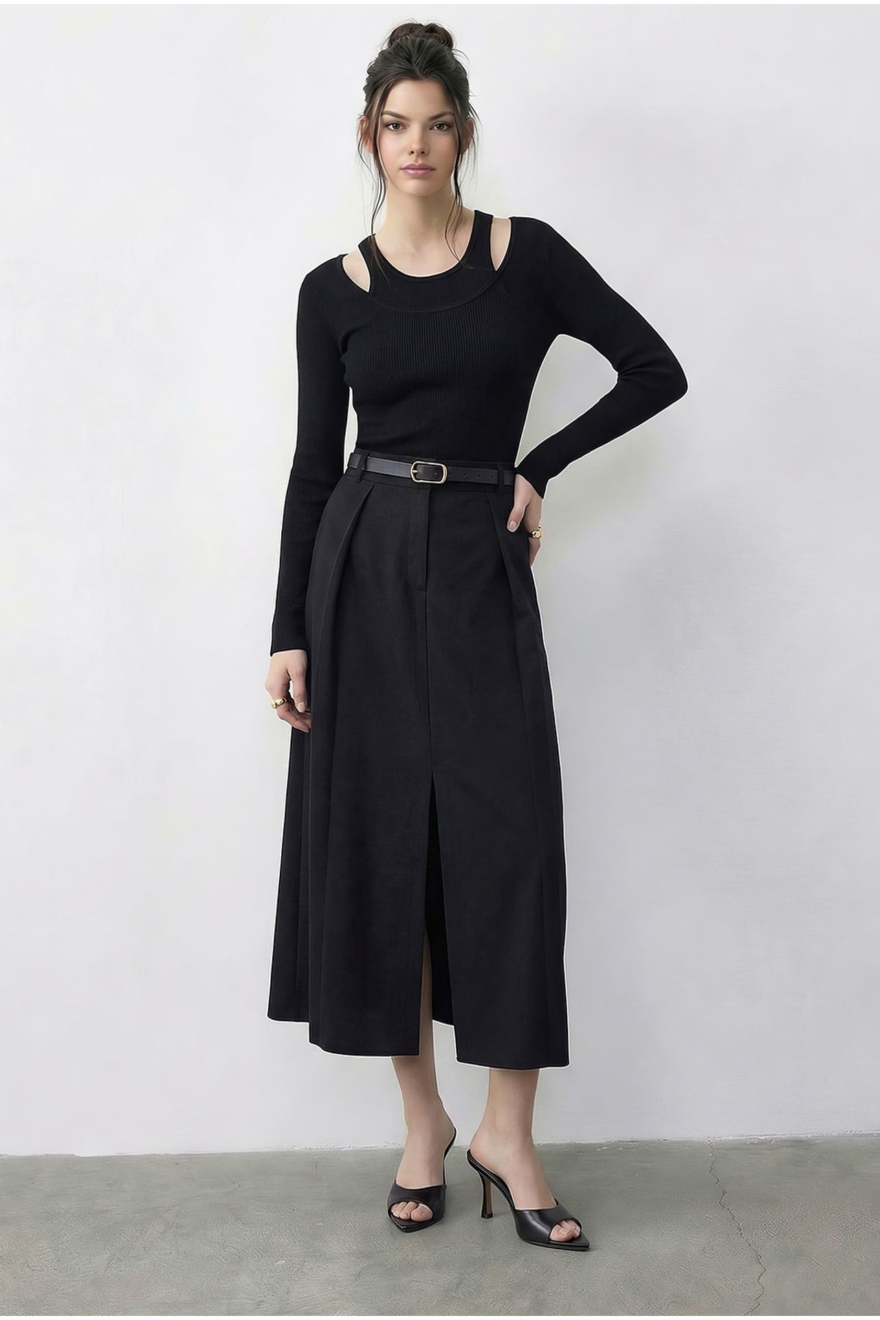 LUCCI High Waist Midi A-Line Skirt with Belt 1