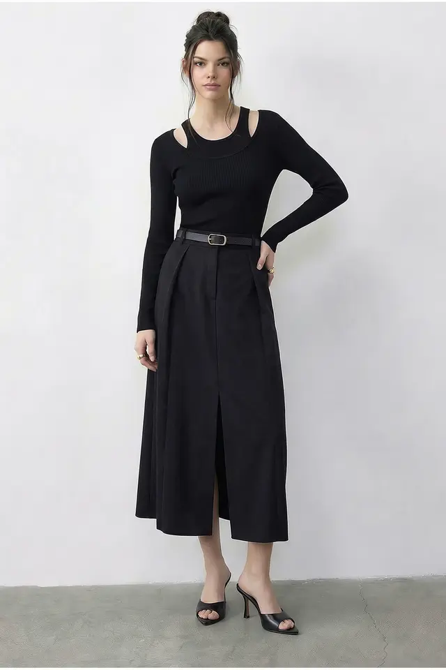 LUCCI High Waist Midi A-Line Skirt with Belt