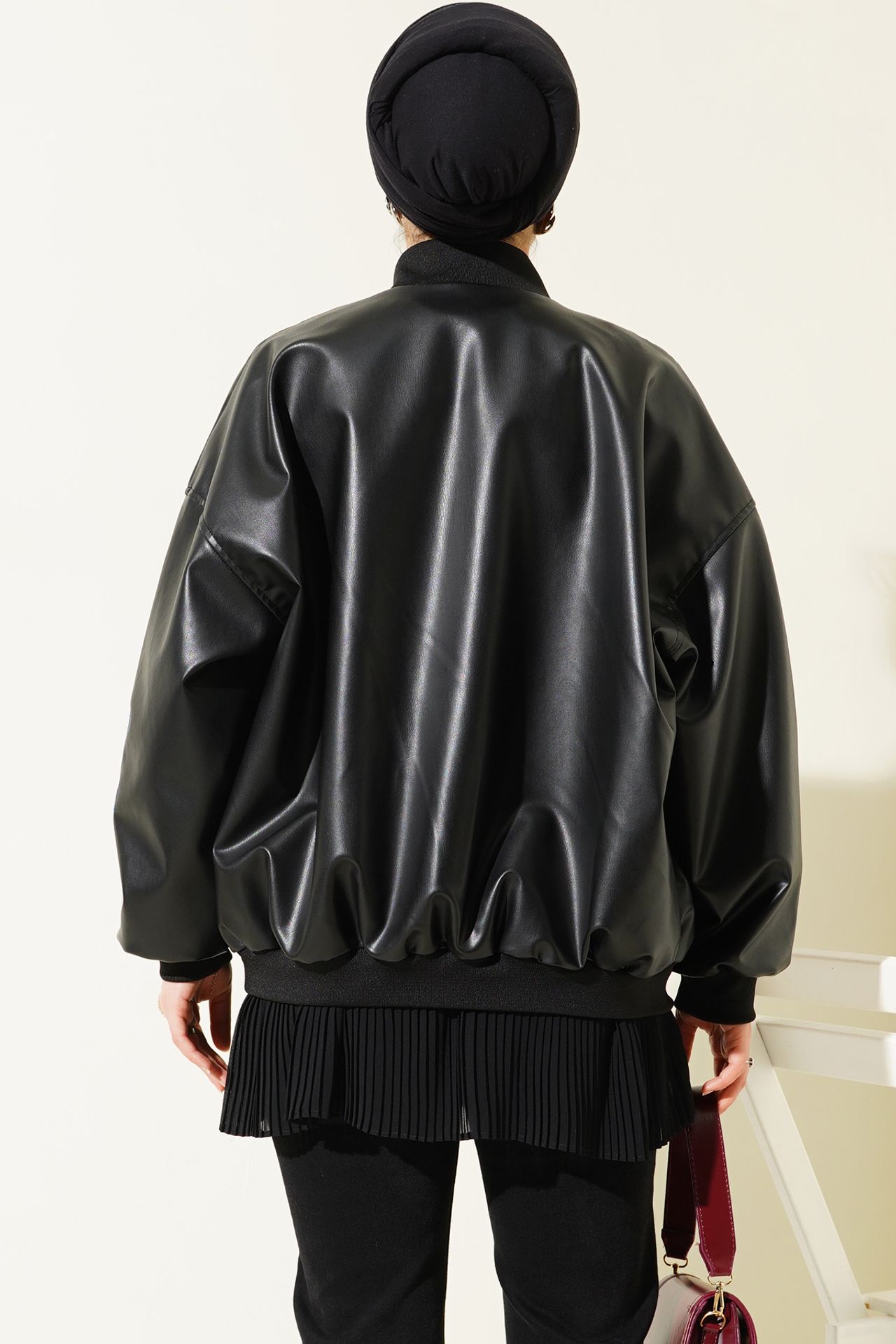 BDART Color Blocked Faux Leather Oversized Bomber Jacket 5