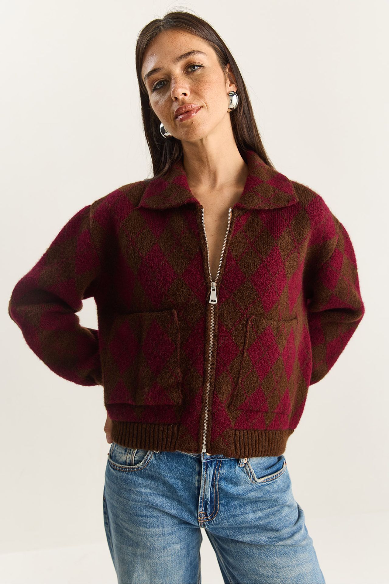 LUCCI Thick Jacquard Knit Cardigan with Zipper