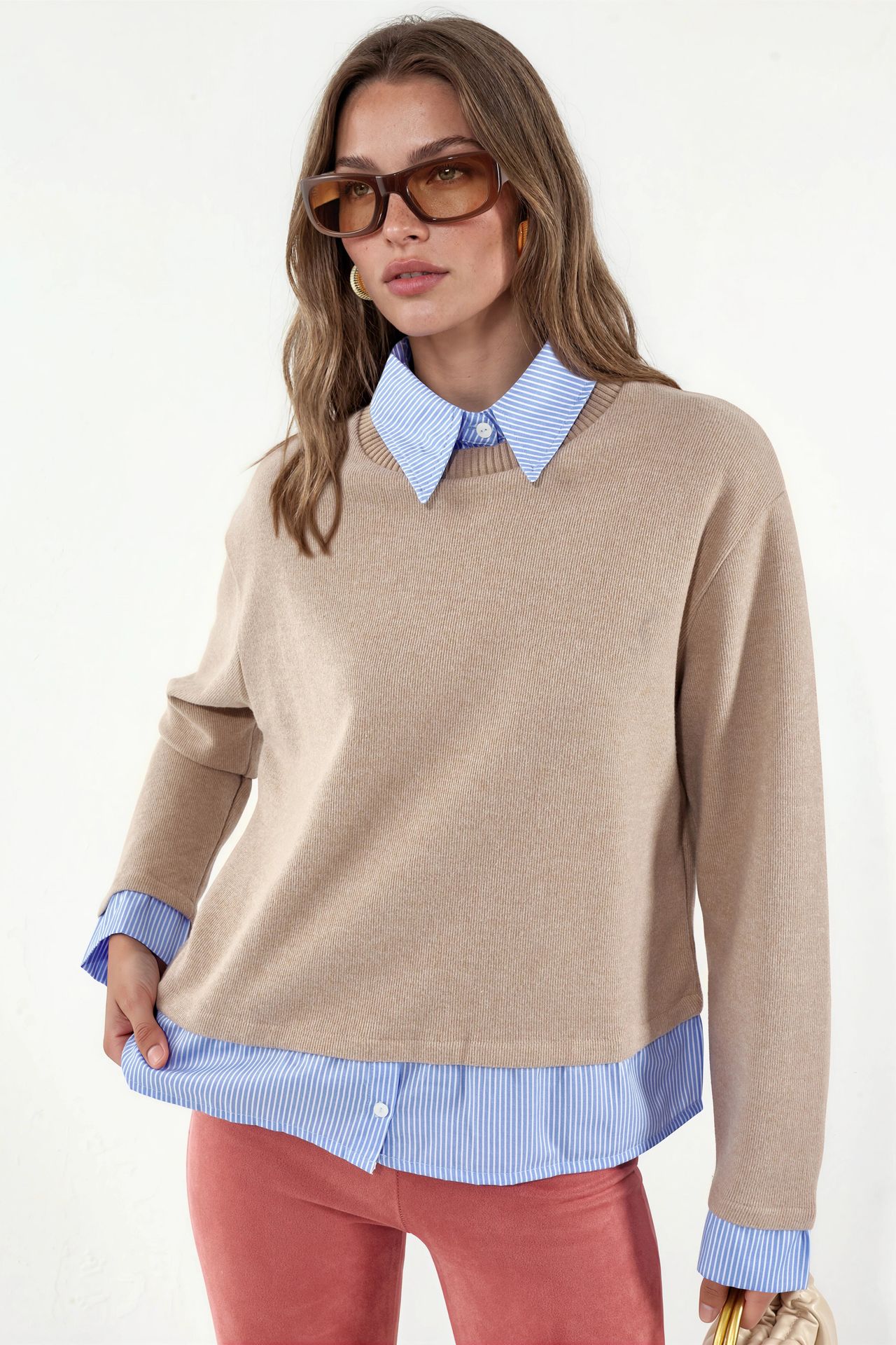 BUSEM Women's Cotton-Blend Ribbed Crew Neck Sweater 1