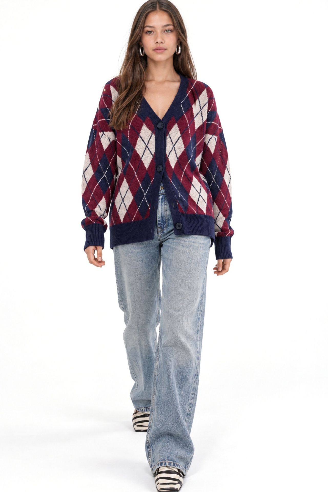 Mixray Oversize Argyle V-Neck Buttoned Cardigan 2