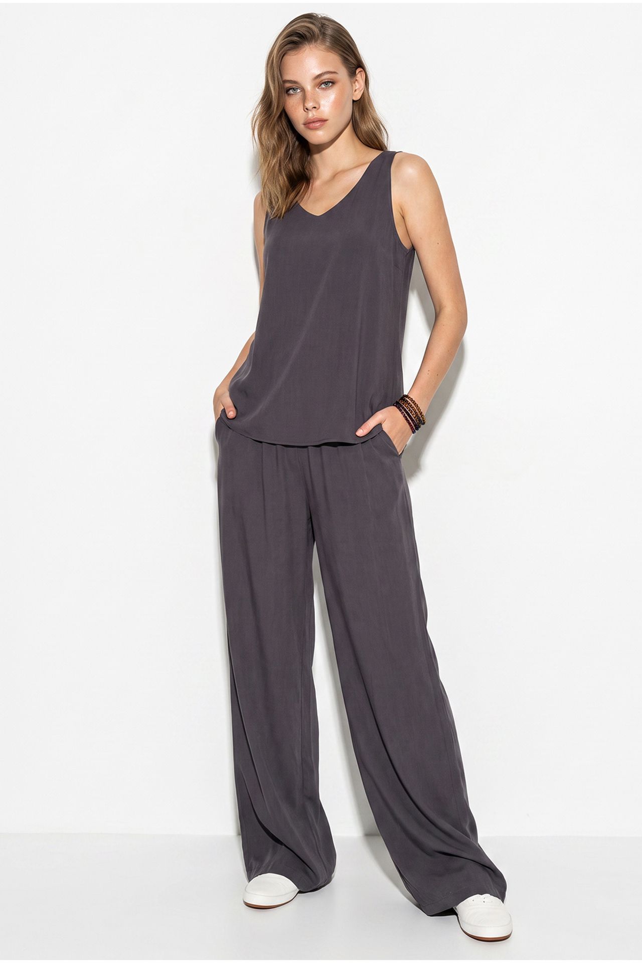 LUCCI V-Neck Cotton Blouse-Pants Two-Piece Set 1