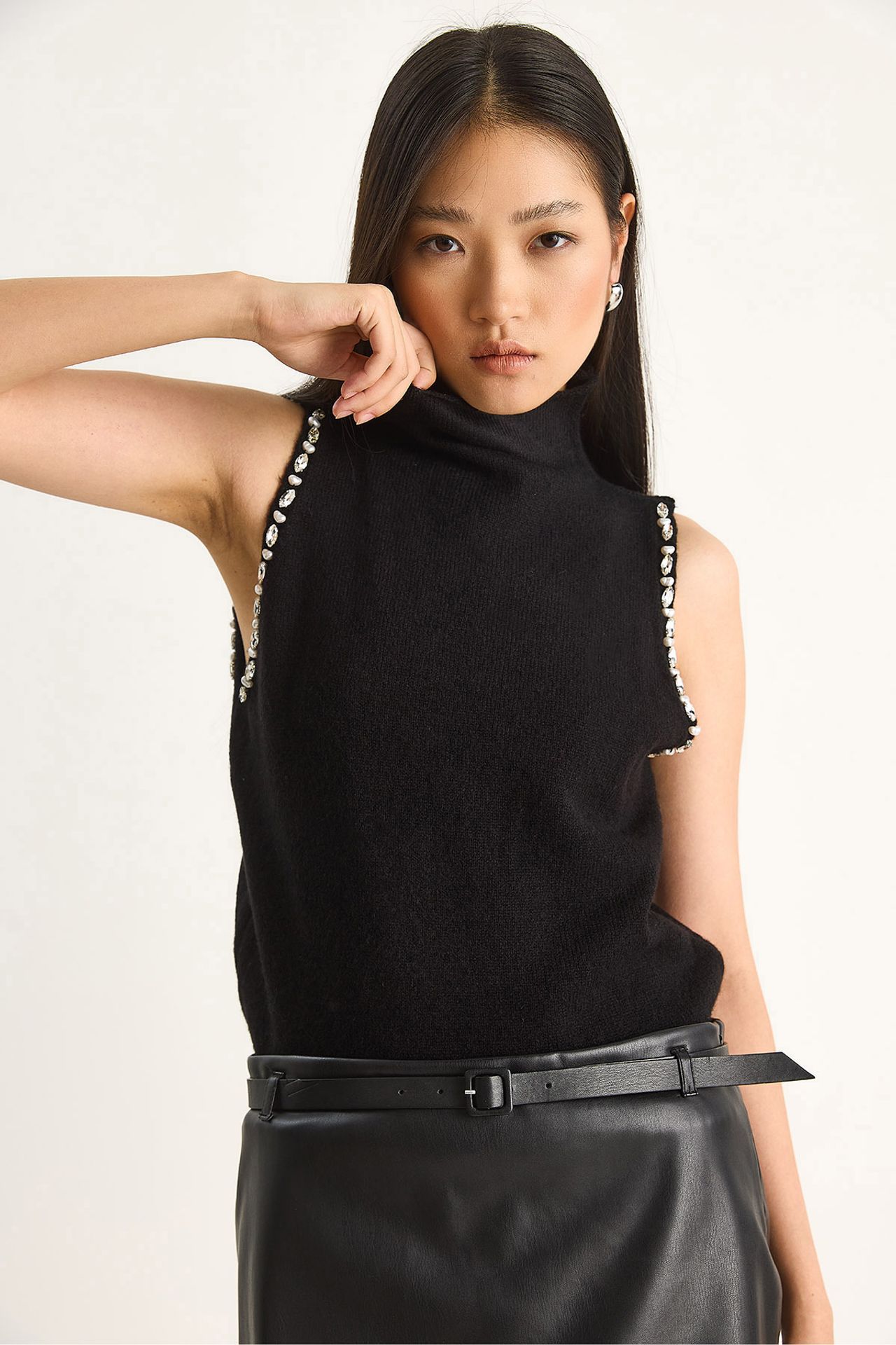 LUCCI Turtleneck Blouse with Pearl Detail