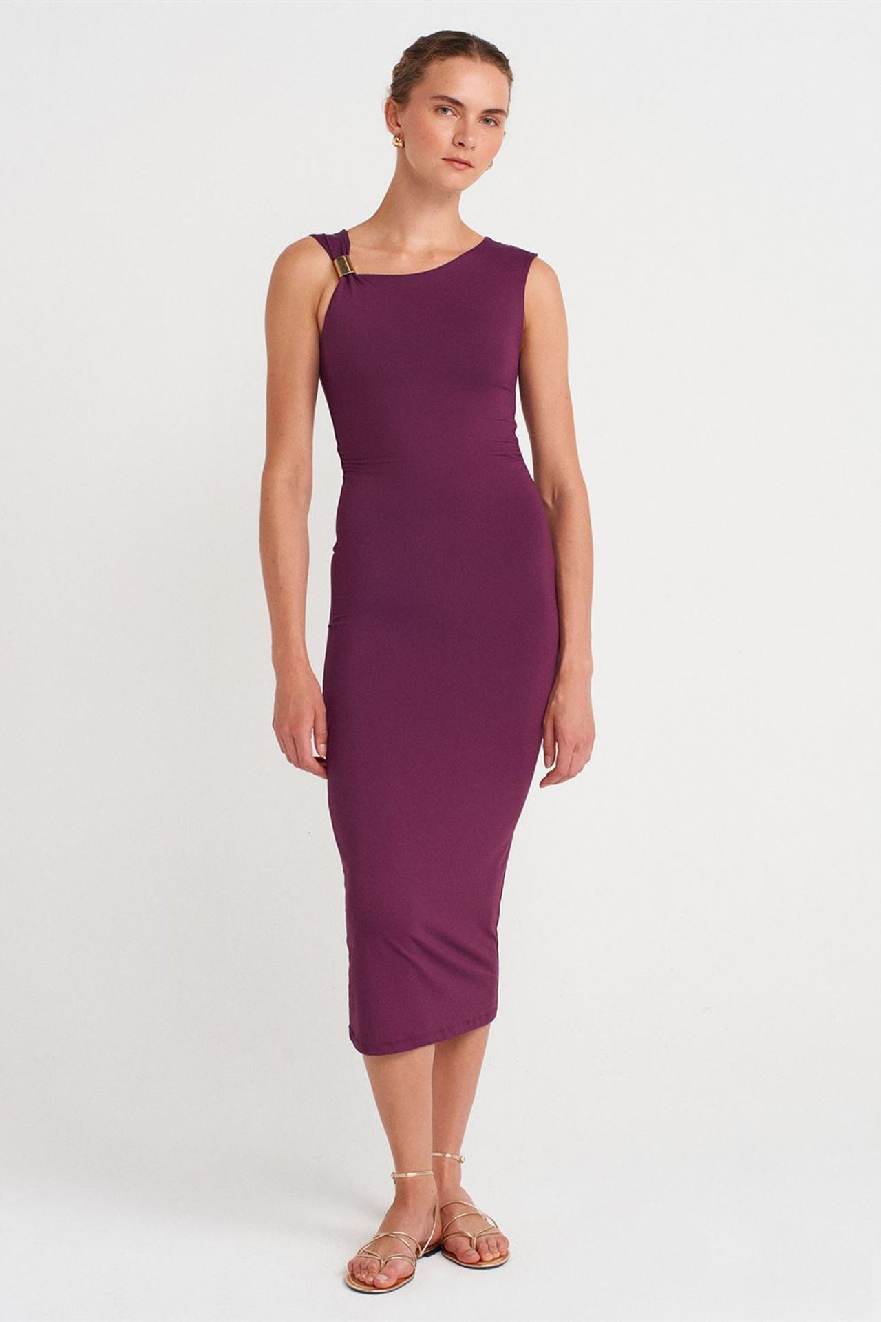 DILVIN Aksesuarlı Kolsuz Bodycon Midi Elbise 1