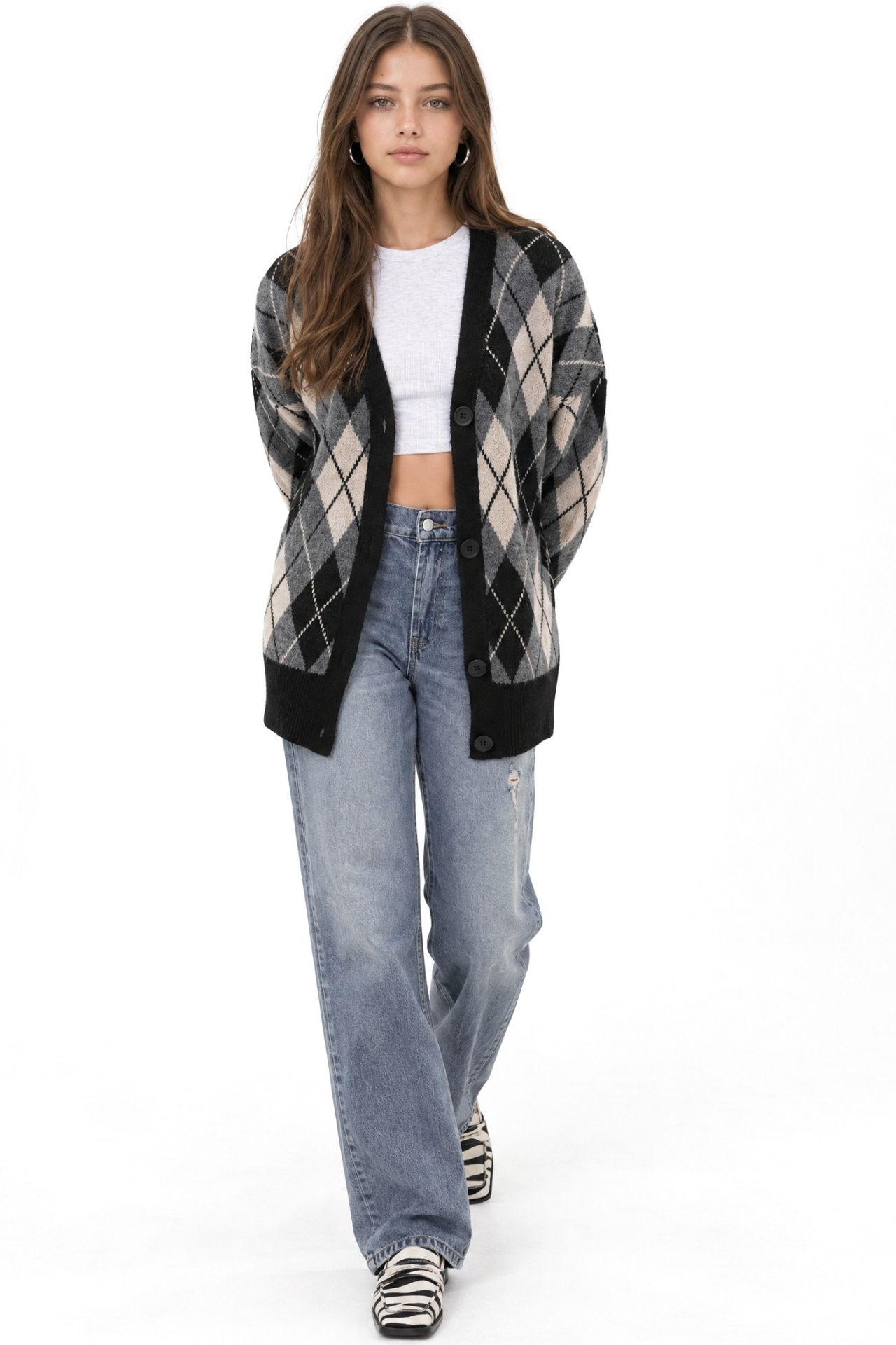 Mixray Oversize Argyle V-Neck Buttoned Cardigan 4