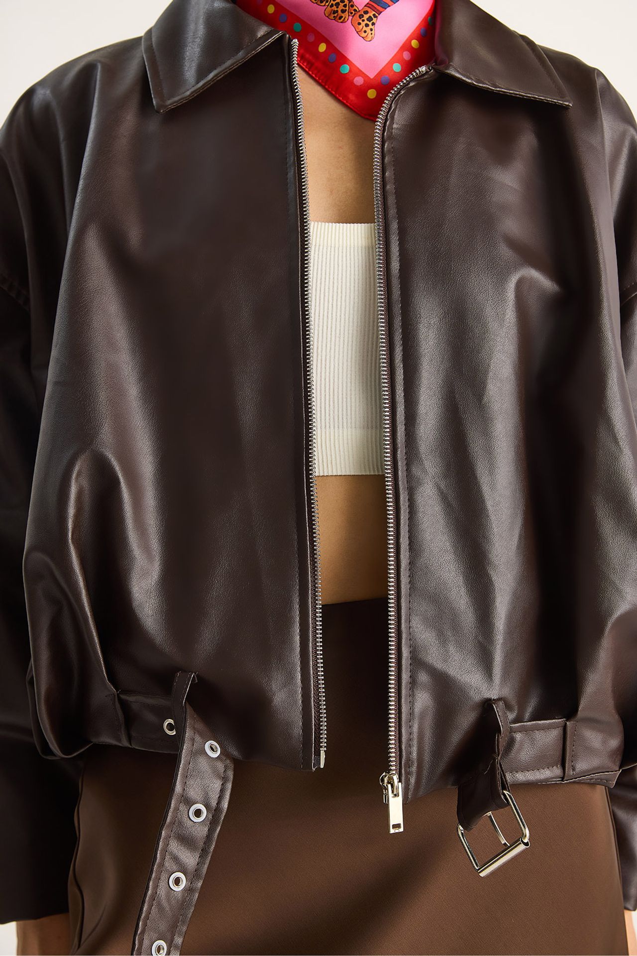 LUCCI Faux Leather Bomber Jacket with Zipper Closure 6