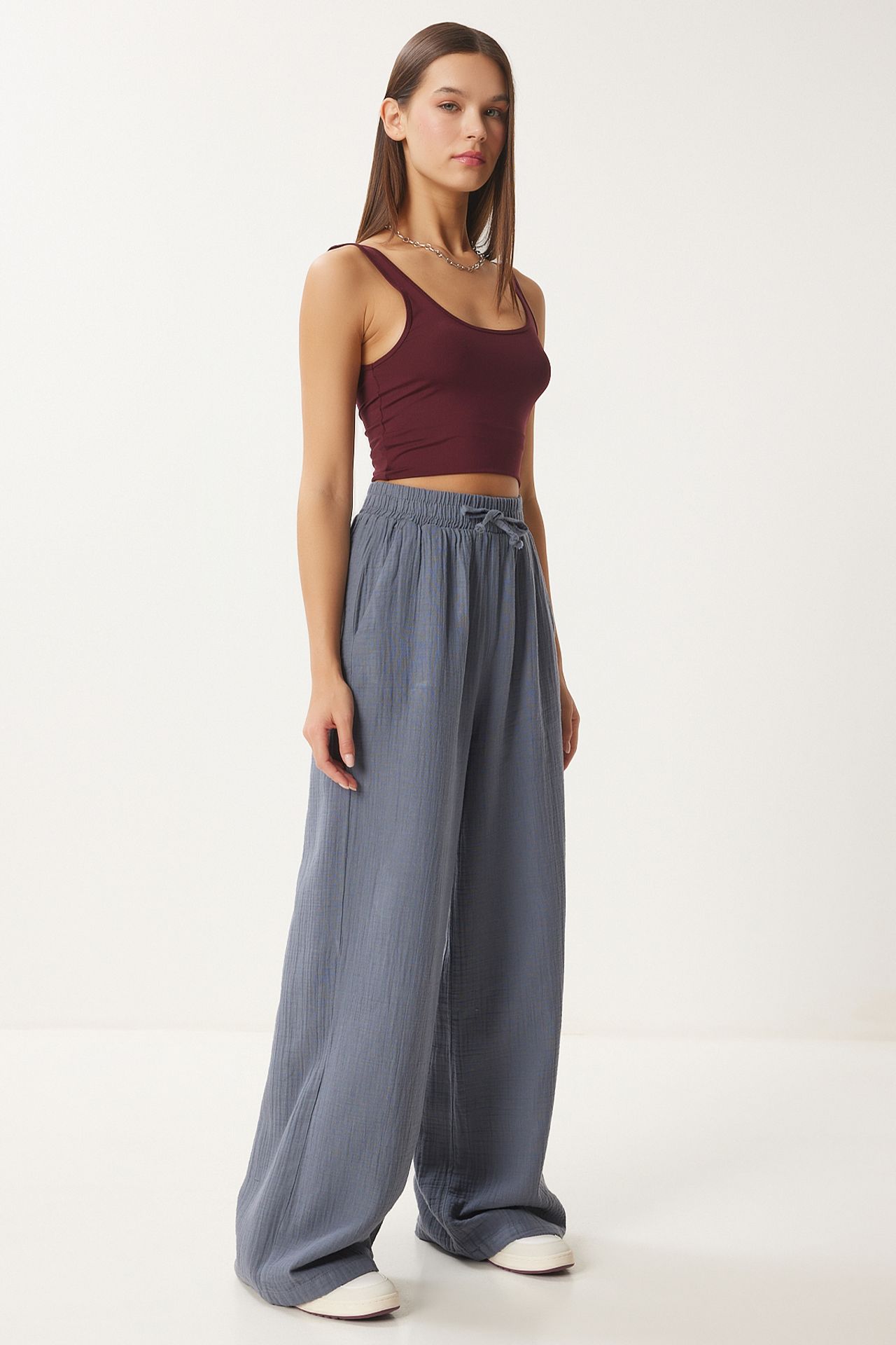 ISTANBUL Wide Leg Drawstring Waist Pants with Binding Detail 3