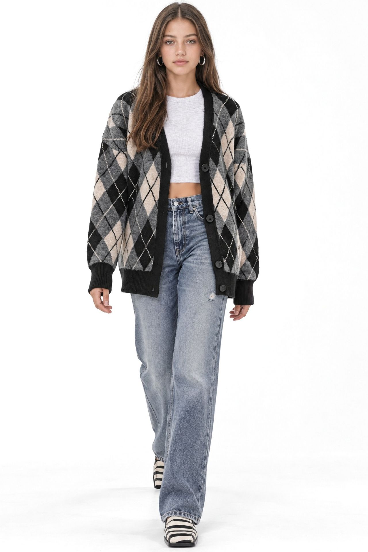 Mixray Oversize Argyle V-Neck Buttoned Cardigan 2