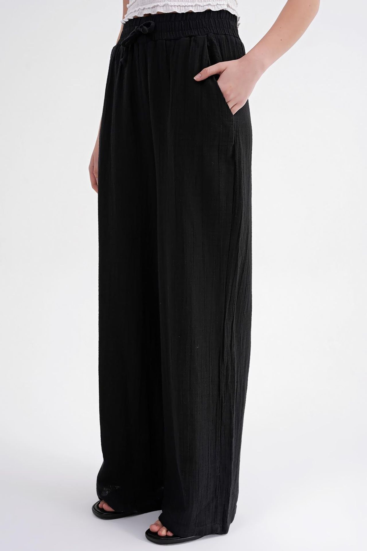 Mixray High Waist Textured Muslin Fabric Pants 5