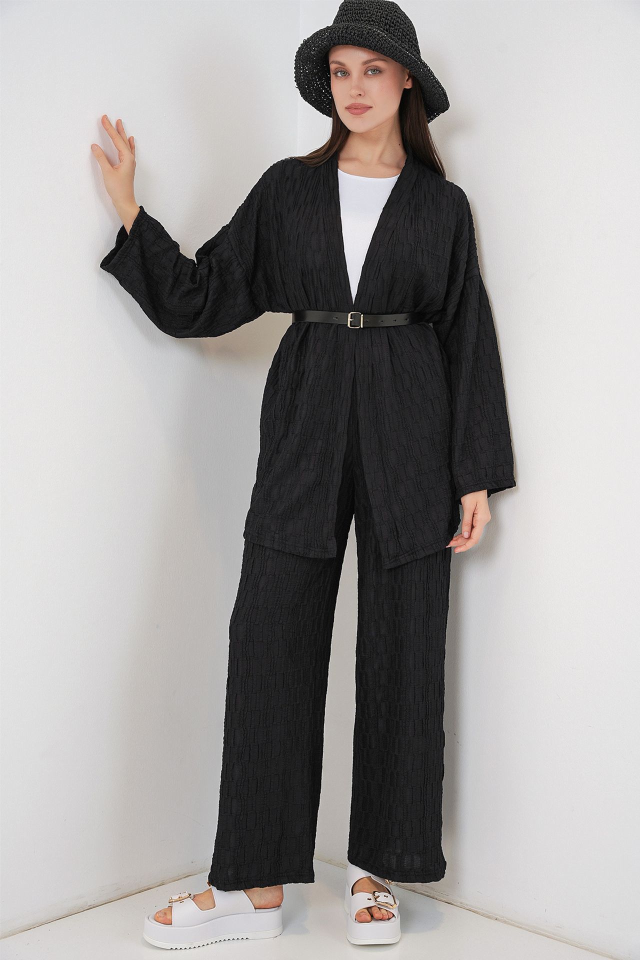 BDART Textured Shawl Collar Kimono Pants Set