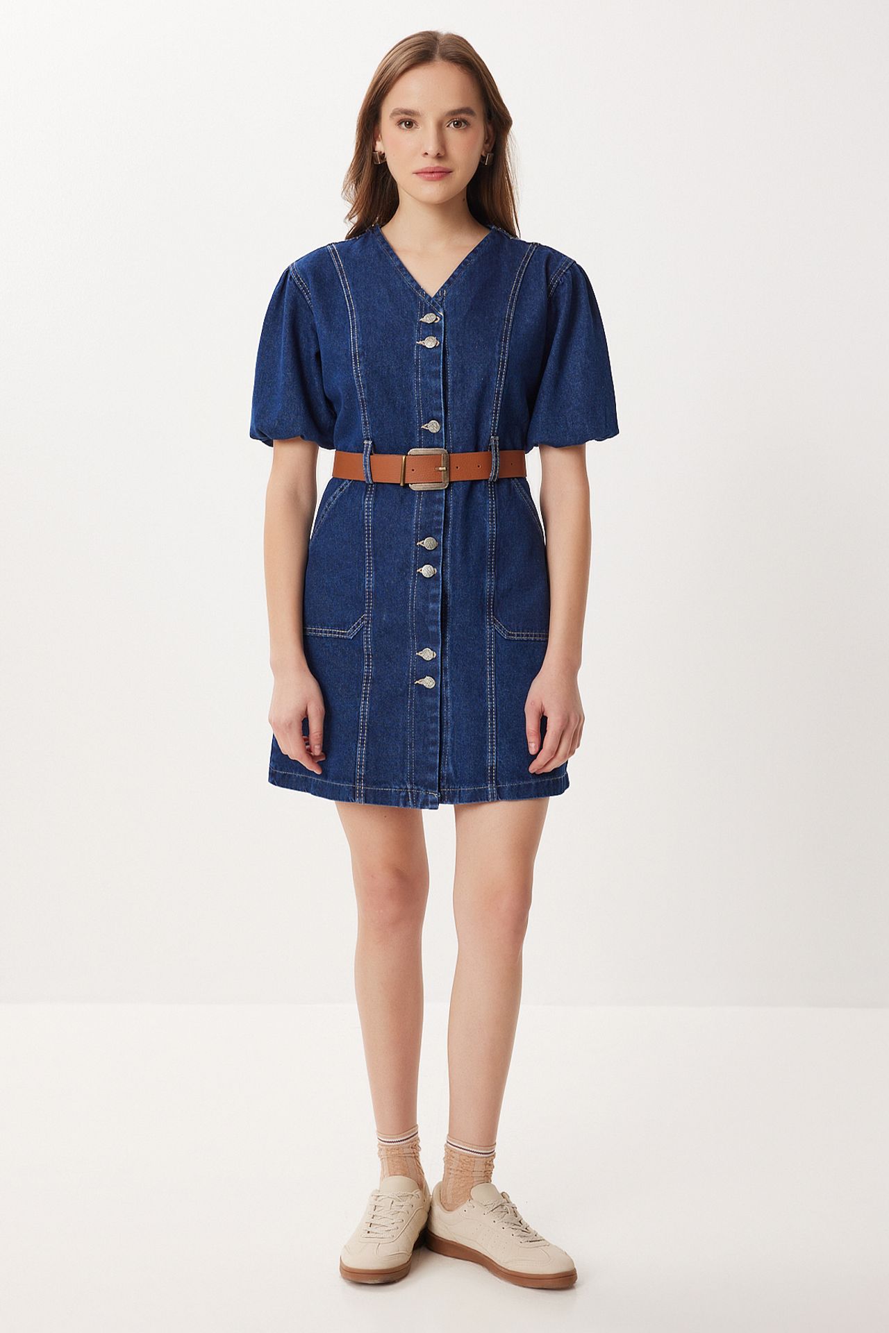 ISTANBUL Denim V-Neck Mini Dress with Belt