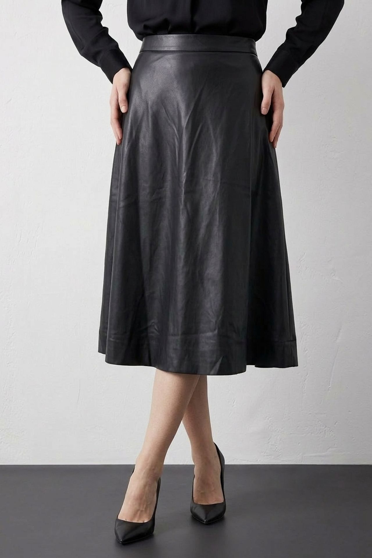 MY FASHION Yüksek Bel Midi A Kesim Suni Deri Etek 4