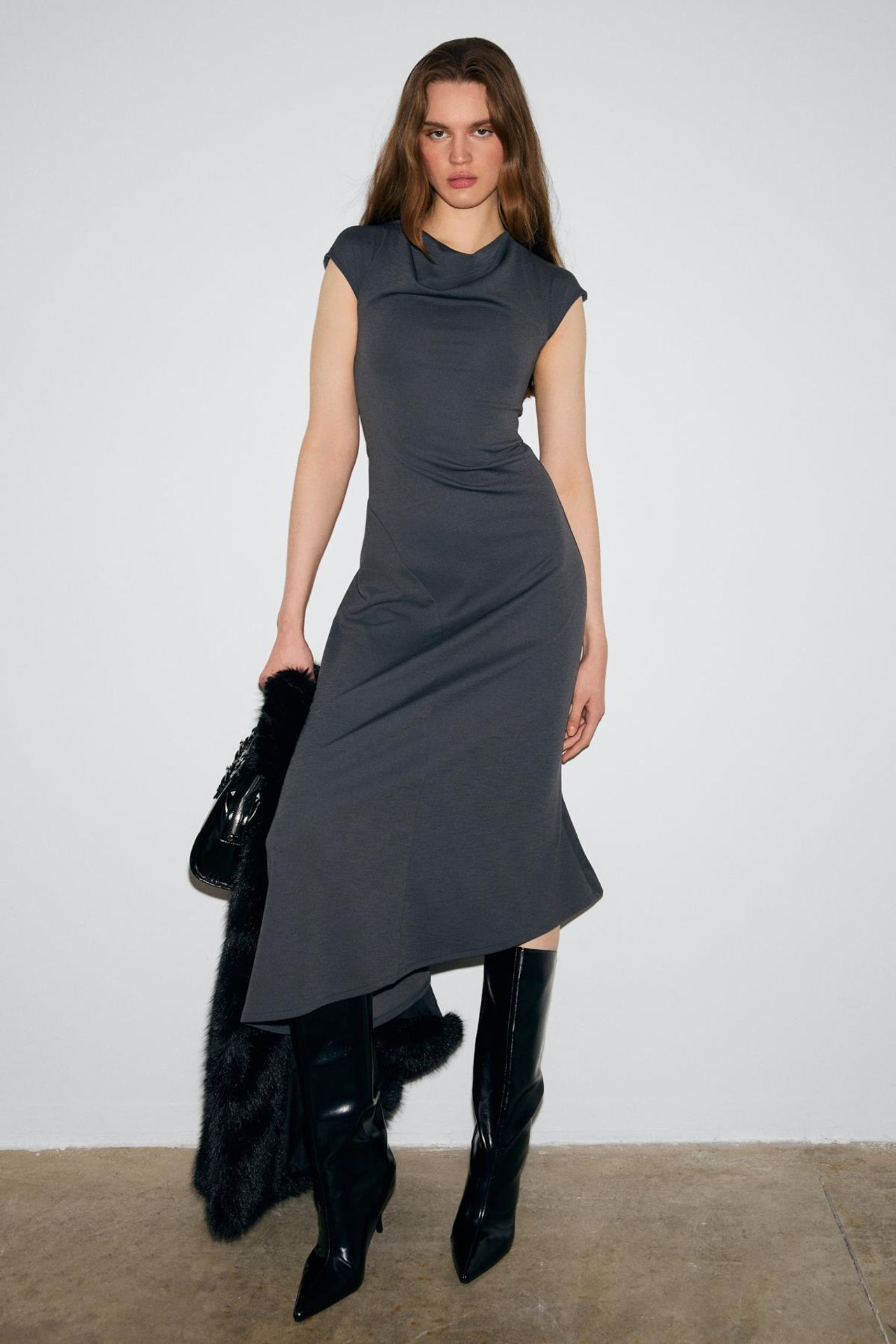GRIMELANGE Asymmetric Cowl Neck Midi Dress 5