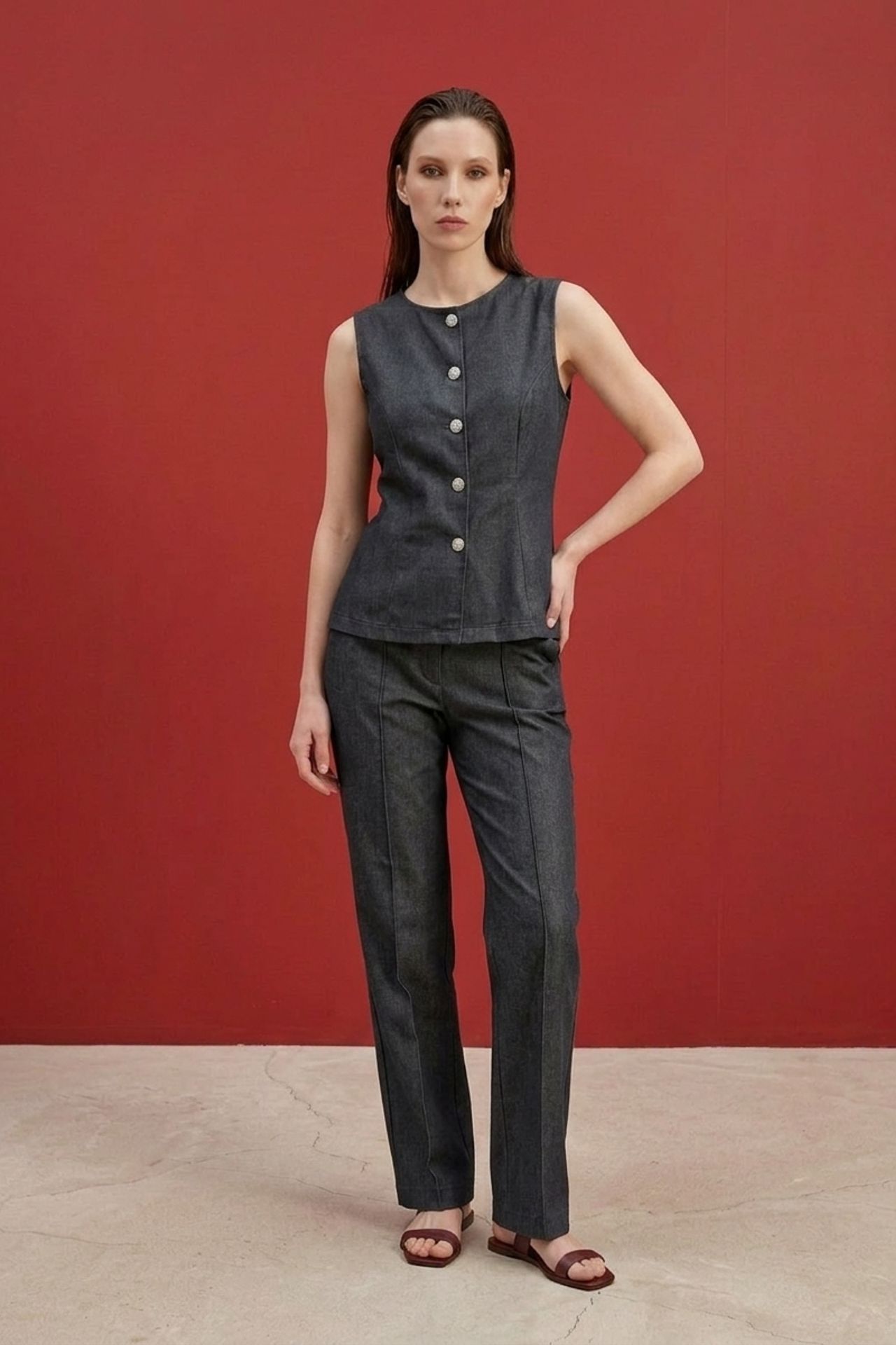 MY FASHION Cotton Poplin Vest and Wide-Leg Trouser Set 4