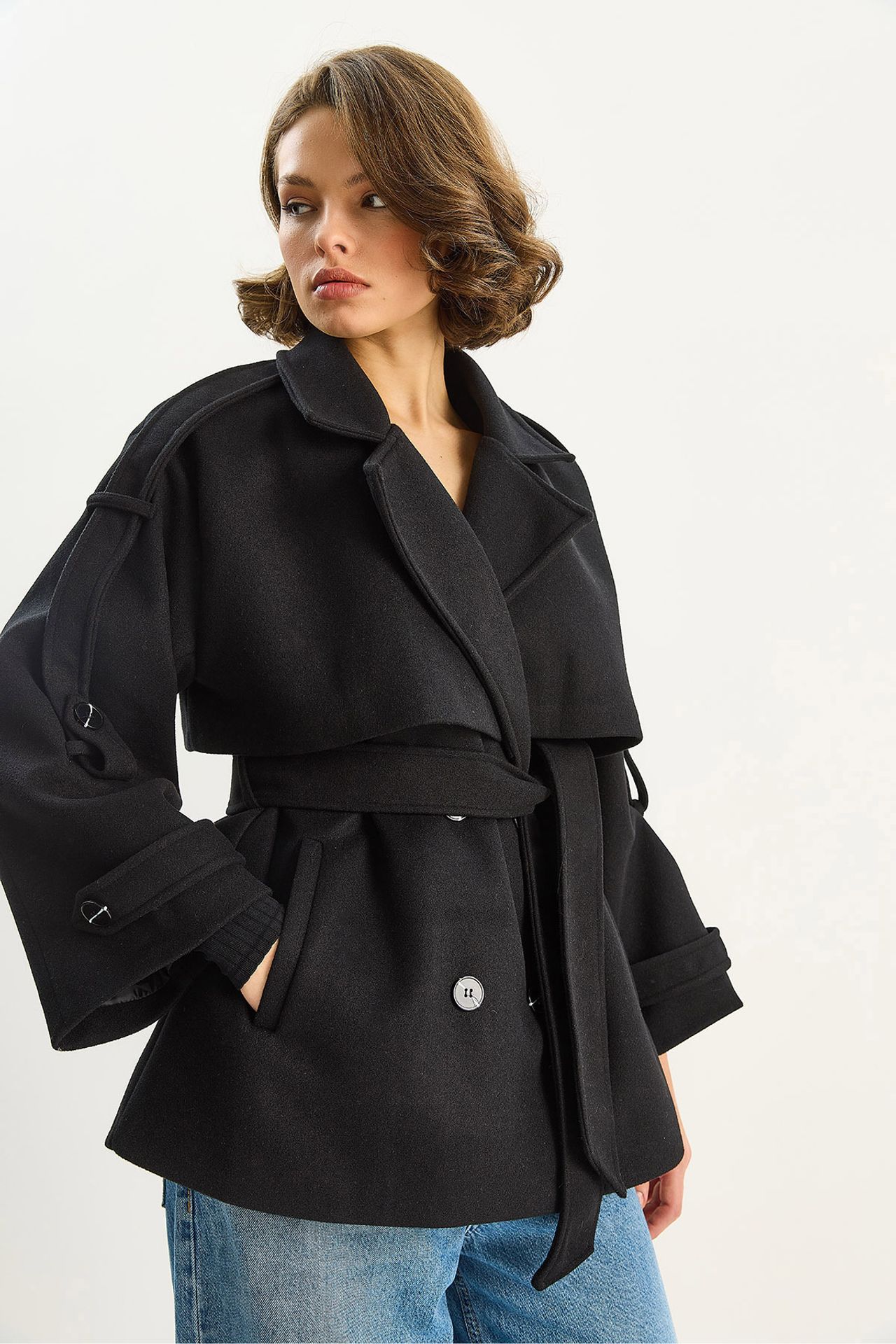 LUCCI Double Breasted Coat with Belt and Loops