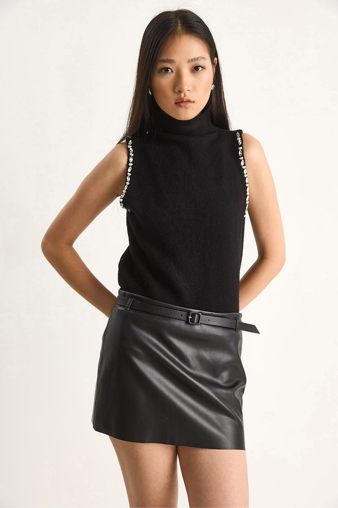 LUCCI Turtleneck Blouse with Pearl Detail