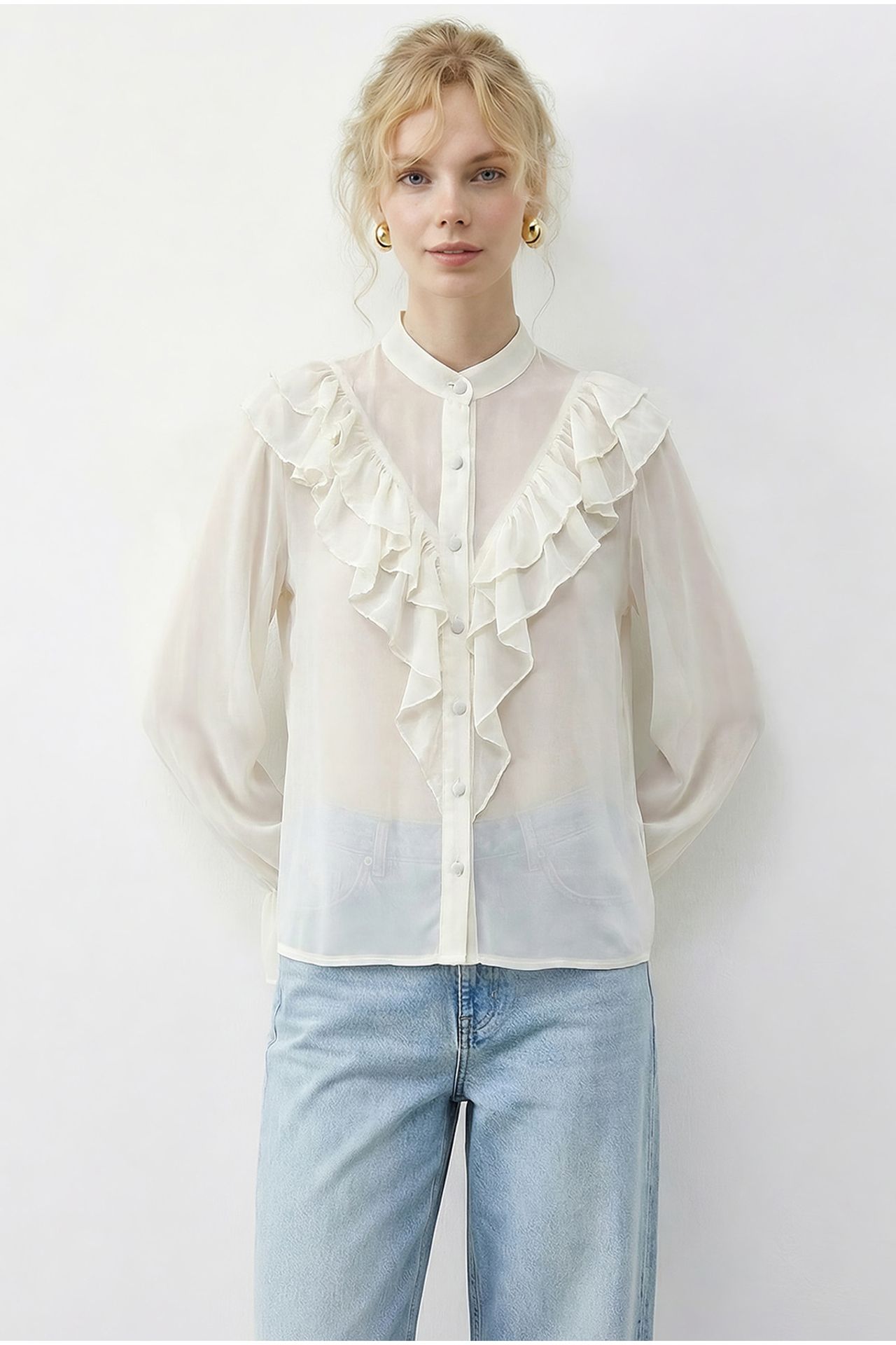 LUCCI Frilly Mandarin Collar Long Sleeve Chiffon Shirt 3